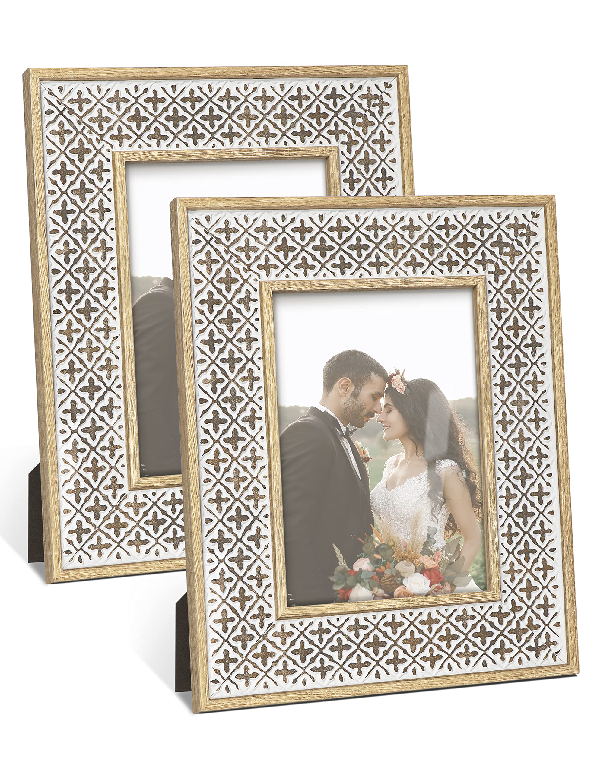 Afuly 5x7 Picture Frames Distressed Moroccan Relief Boho Photo Frame Shabby Chic 3D Cross Pattern Frame for Wall Tabletop, Weddi