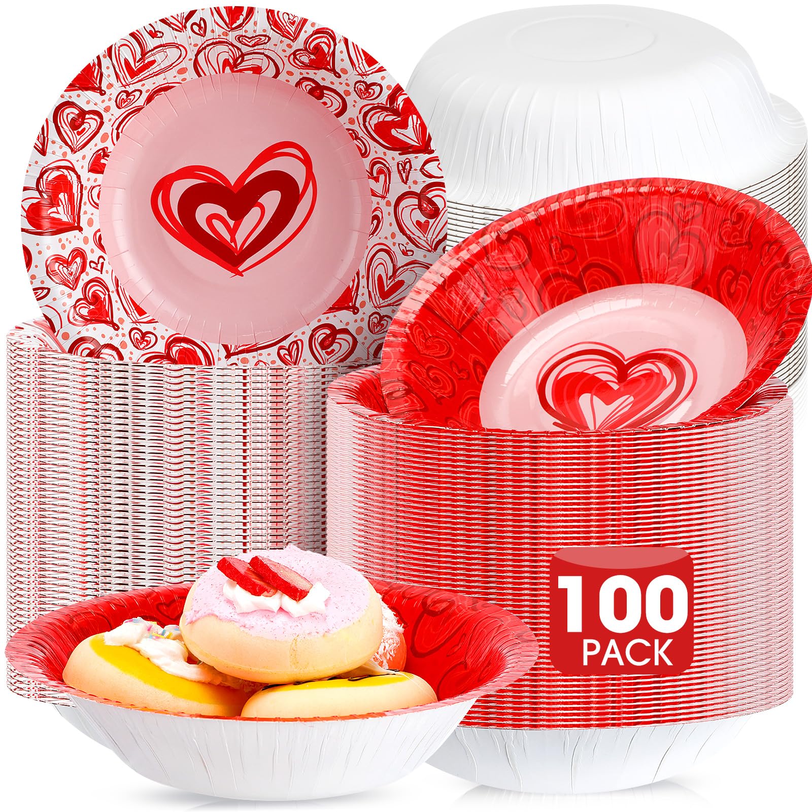Sunnychicc 50 Pcs 16 Oz Valentine'S Day Paper Bowls Heart Soup Bowls Disposable Party Favor For Dessert Salad Snack Wedding