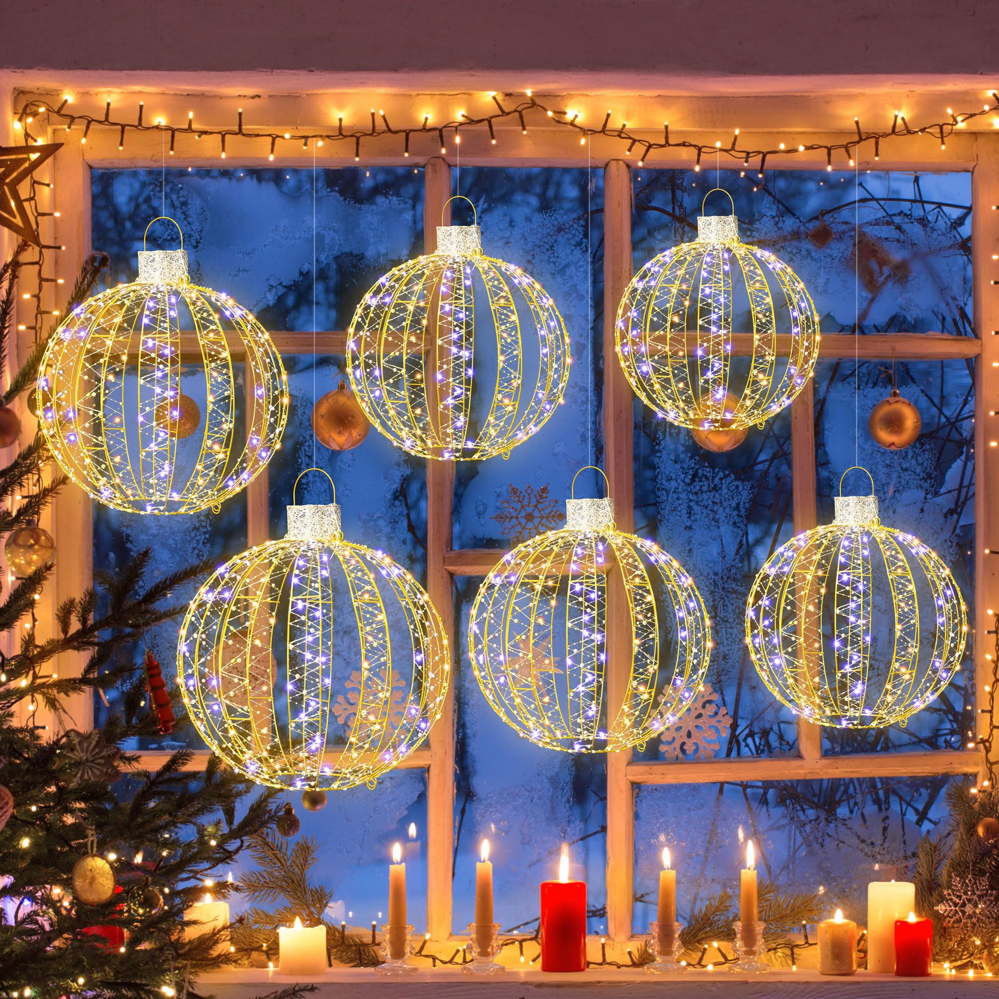 Shintenchi 6 Pack Christmas Lighted Balls, Outdoor/Indoor Hanging Decoration, Large Lighting Ball 15 20 25 Sphere Light for Holi