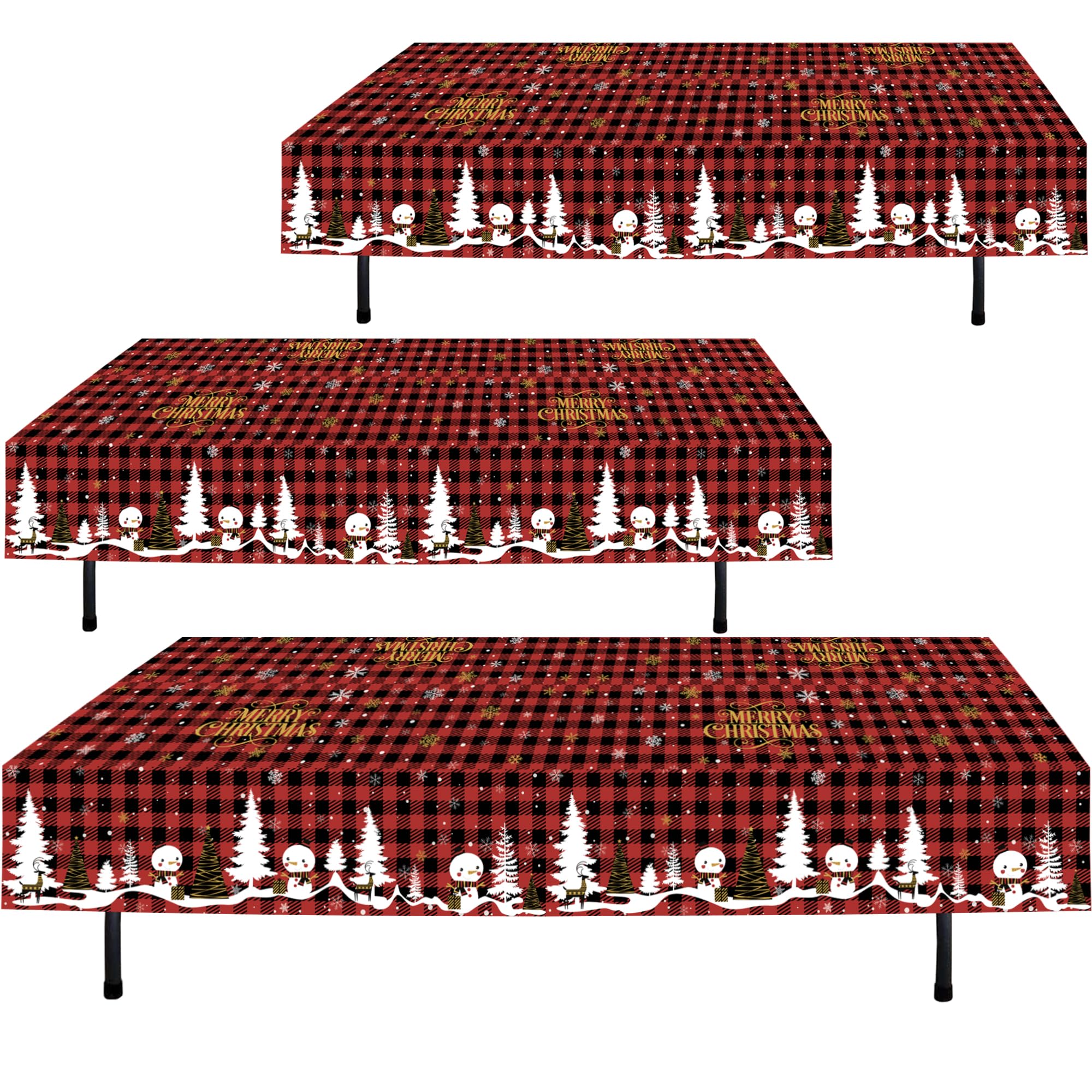 BASHOUT Christmas Plastic Tablecloth | 3 Pcs Pack (54 Inch Wide x 108 Inch Long) | Xmas Rectangular Table Cover | Snowman, Merry