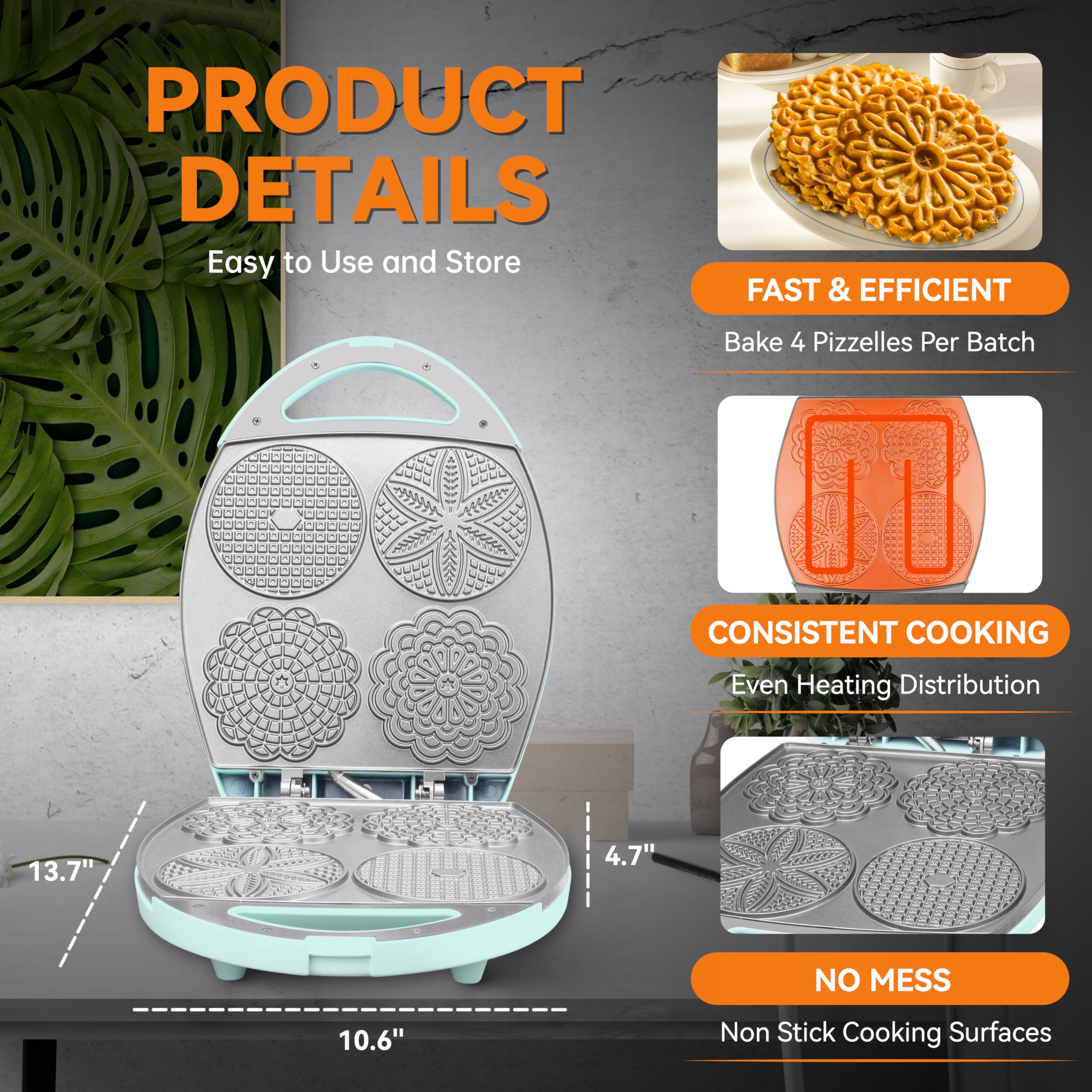 Baker's Friend Multi Pizzelle Maker, Electric Stroopwafel Iron, 4x4.5", Aqua, Model BF-PM01, Perfect for Holidays & Gifts