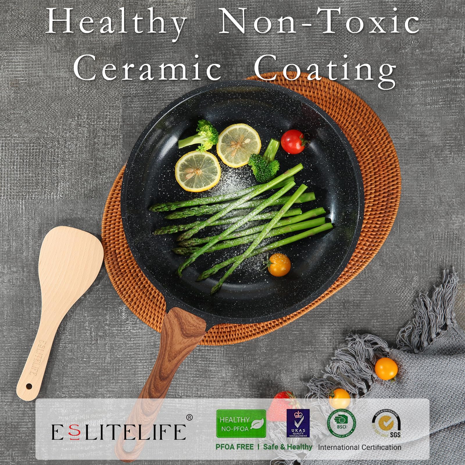 Eslite Life Nonstick Ceramic Frying Pans Skillets Set With Lids, Non-Toxic Egg Omelette Kitchen Cooking Pans Compatible With All