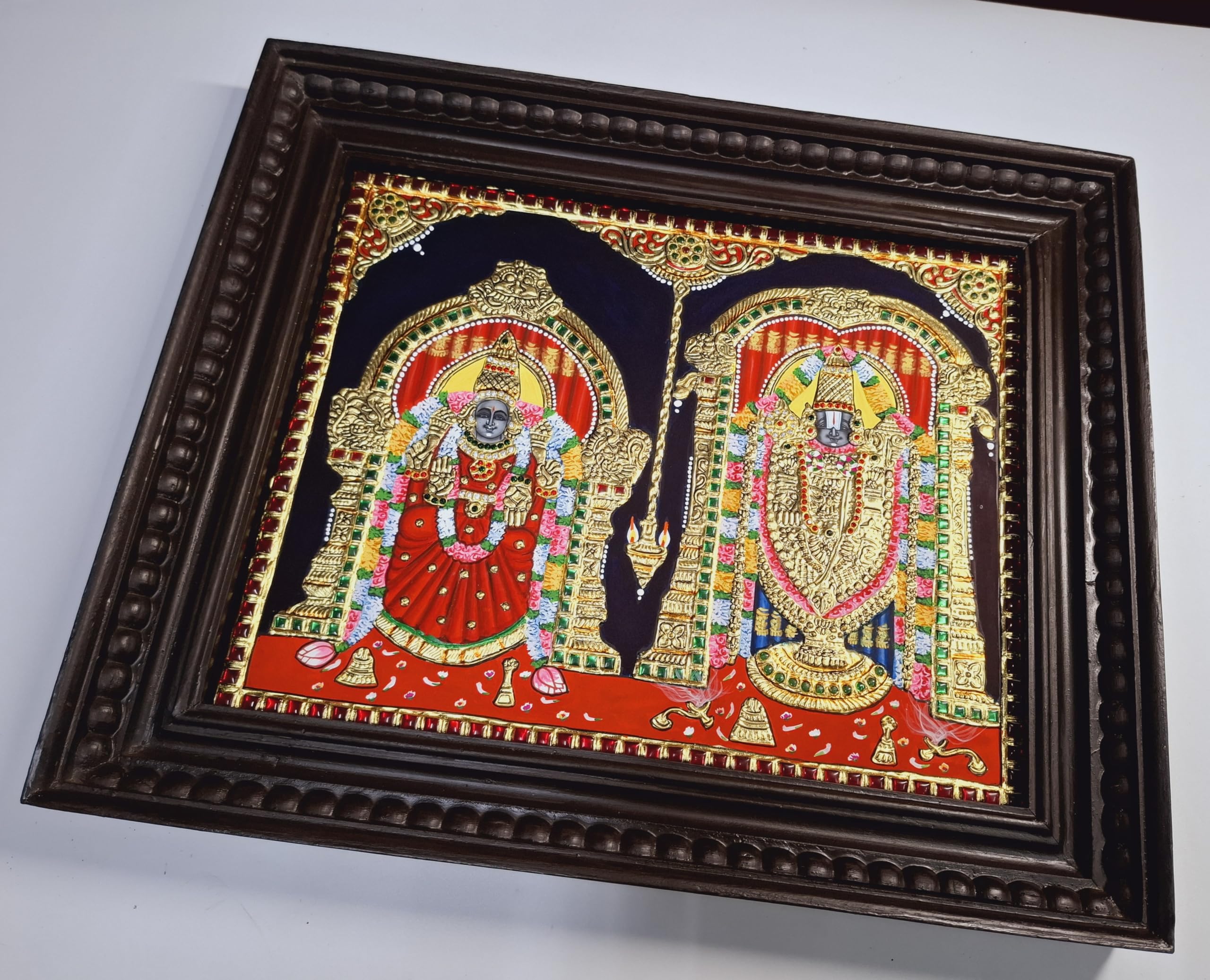Jline Arts Wood Wall Hanging, Tanjore Painting Balaji Padmavathi, Multi-Color, Hand Painted, 22C Gold Foils Work, Teakwood Frame