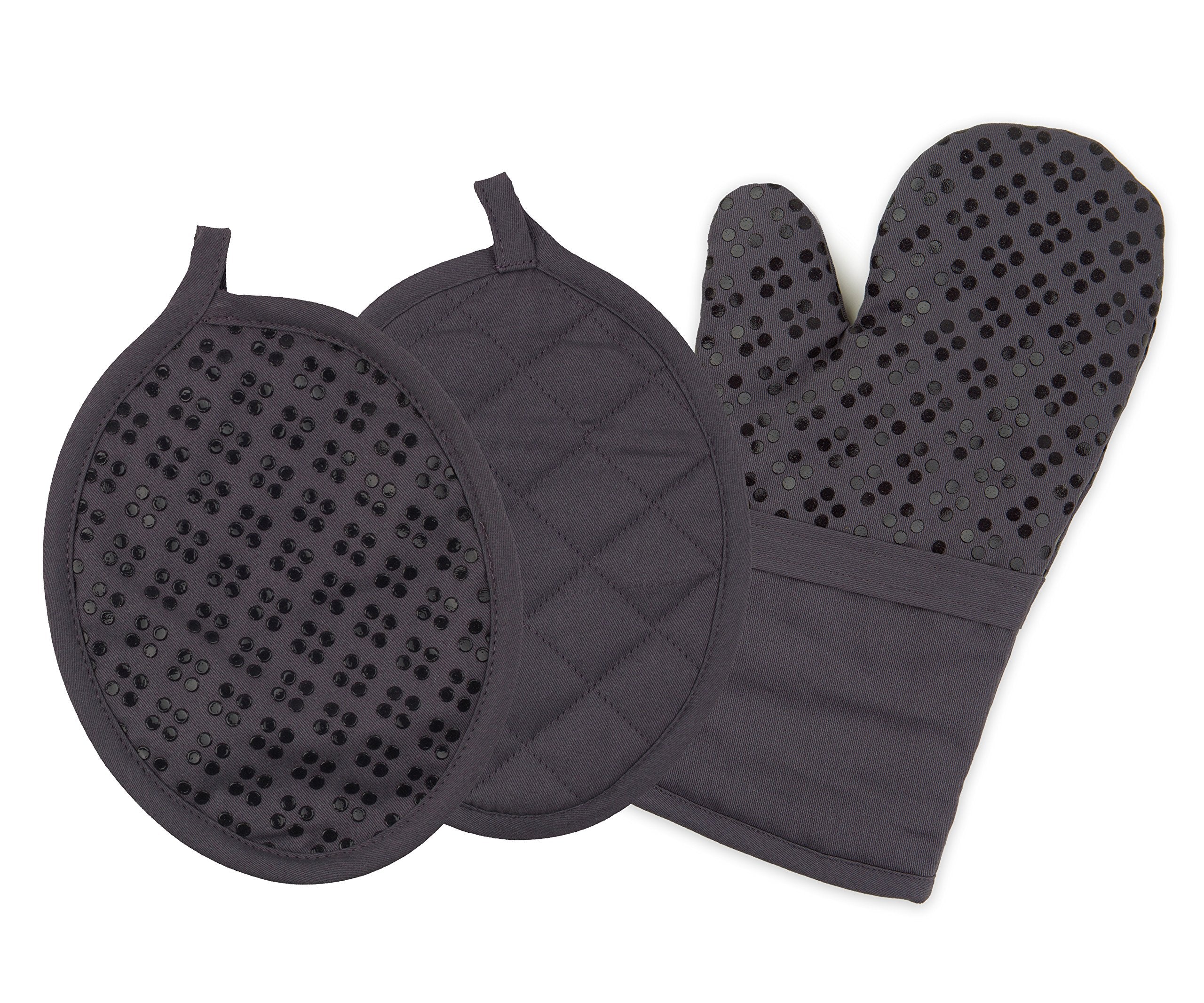 Oven Mitt And Pot Holders Silicone Set Of 3, Non-Slip Kitchen Hot Pads And Oven Mitts Set, Oeko-Tex 100% Cotton Shell, Gray