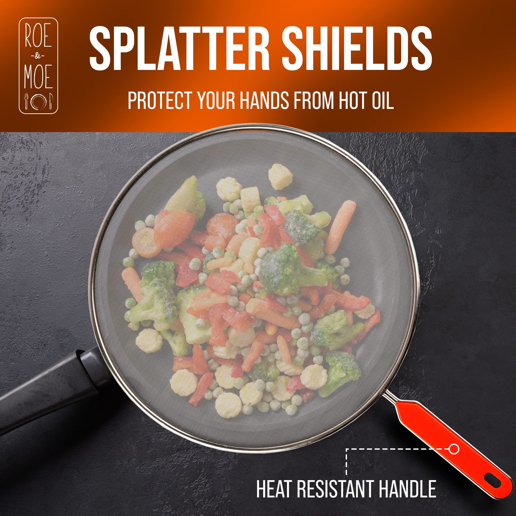 Roe & Moe Splatter Screens - Stainless Steel Splatter Screens For Frying Pan With Insulated Handles - Grease Splatter Guards For