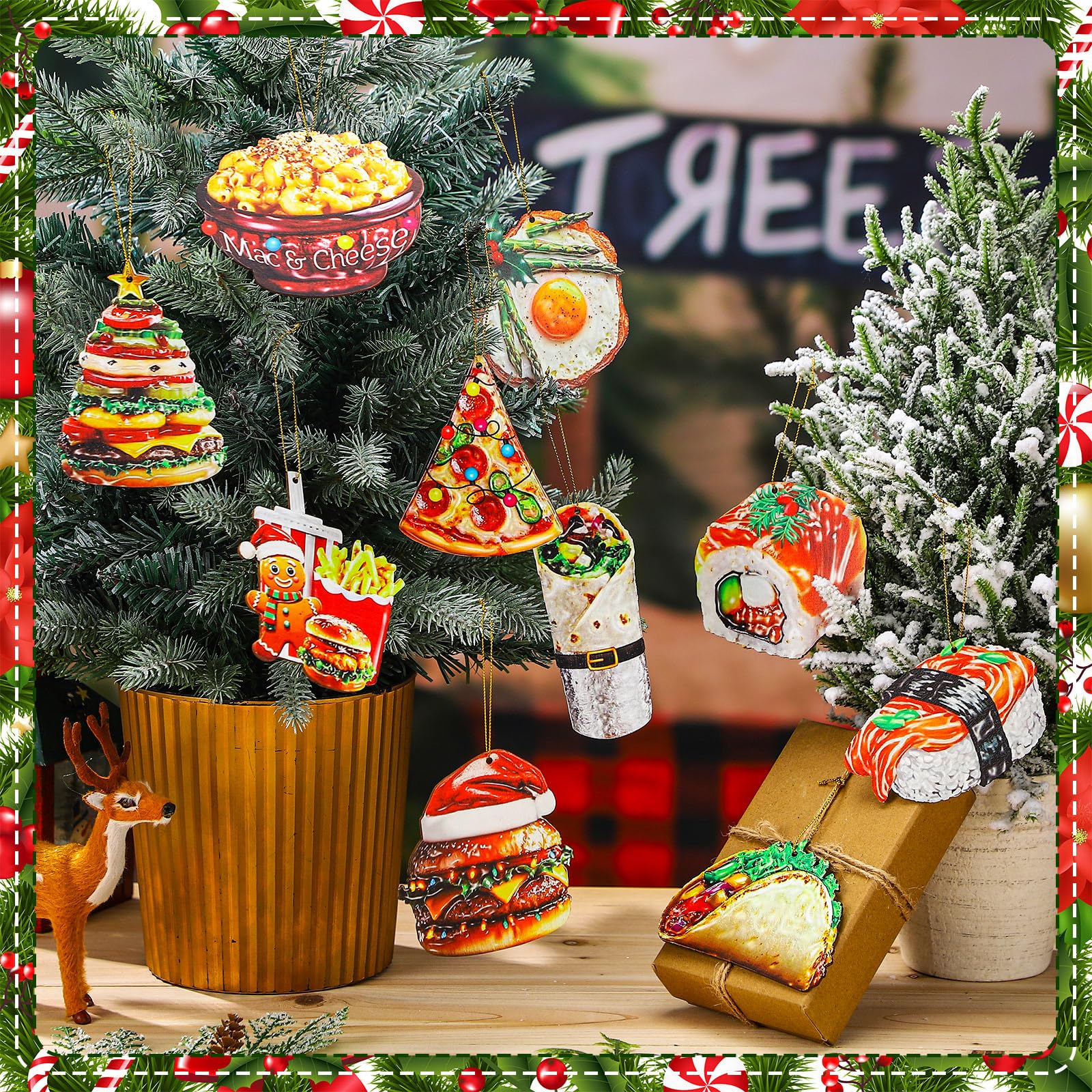 Vercraft 20 Pcs Food Christmas Ornaments with Santa Hat Flat Wooden Kitchen Cuisine Cutouts Burgers Pizza Sushi Tree Ornaments w