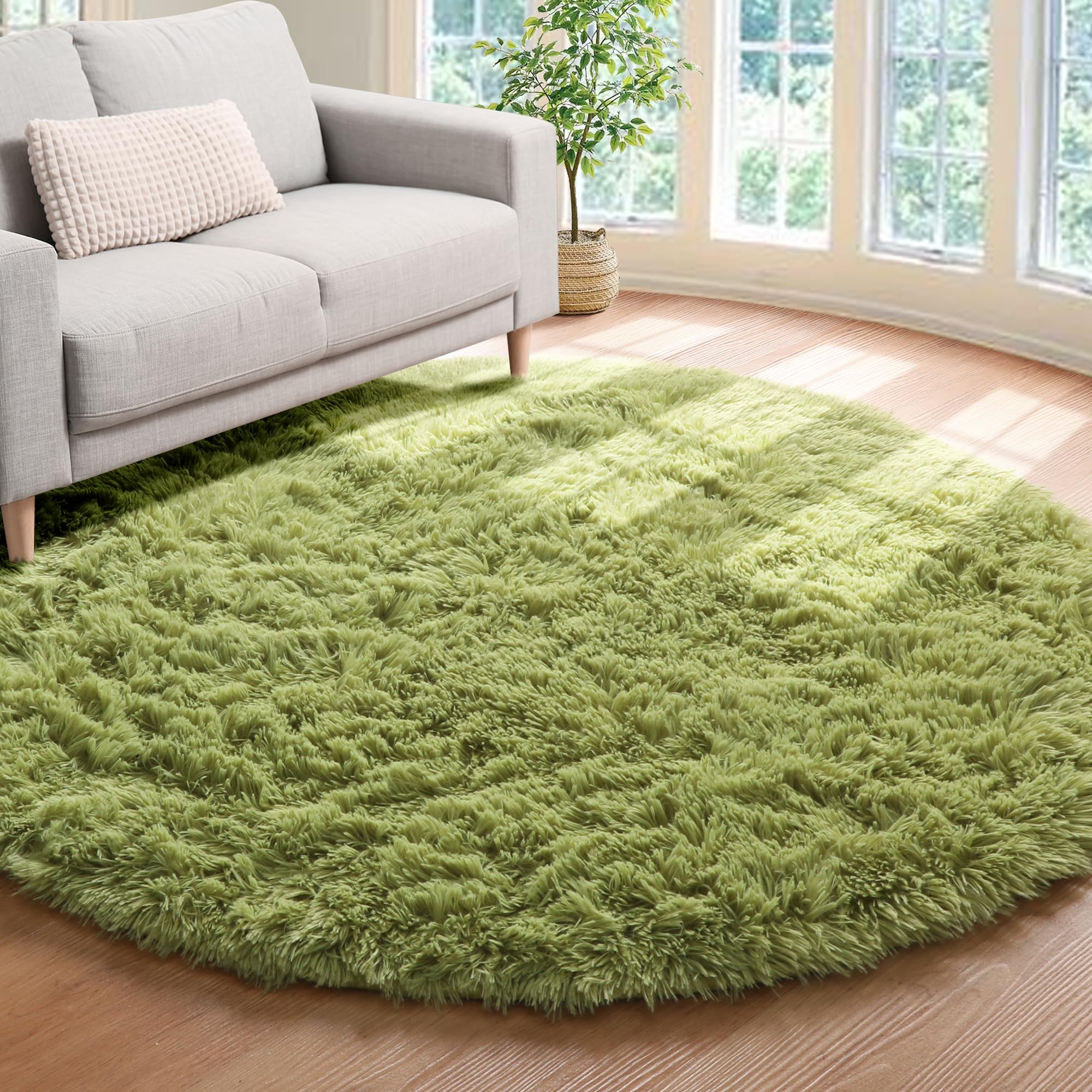 ONASAR Grass Green Round Area Rug 4ft, Soft Bedroom Circle Rugs Floor Mat for Kids Girls Teen Room, Cute Fluffy Plush Shaggy Car