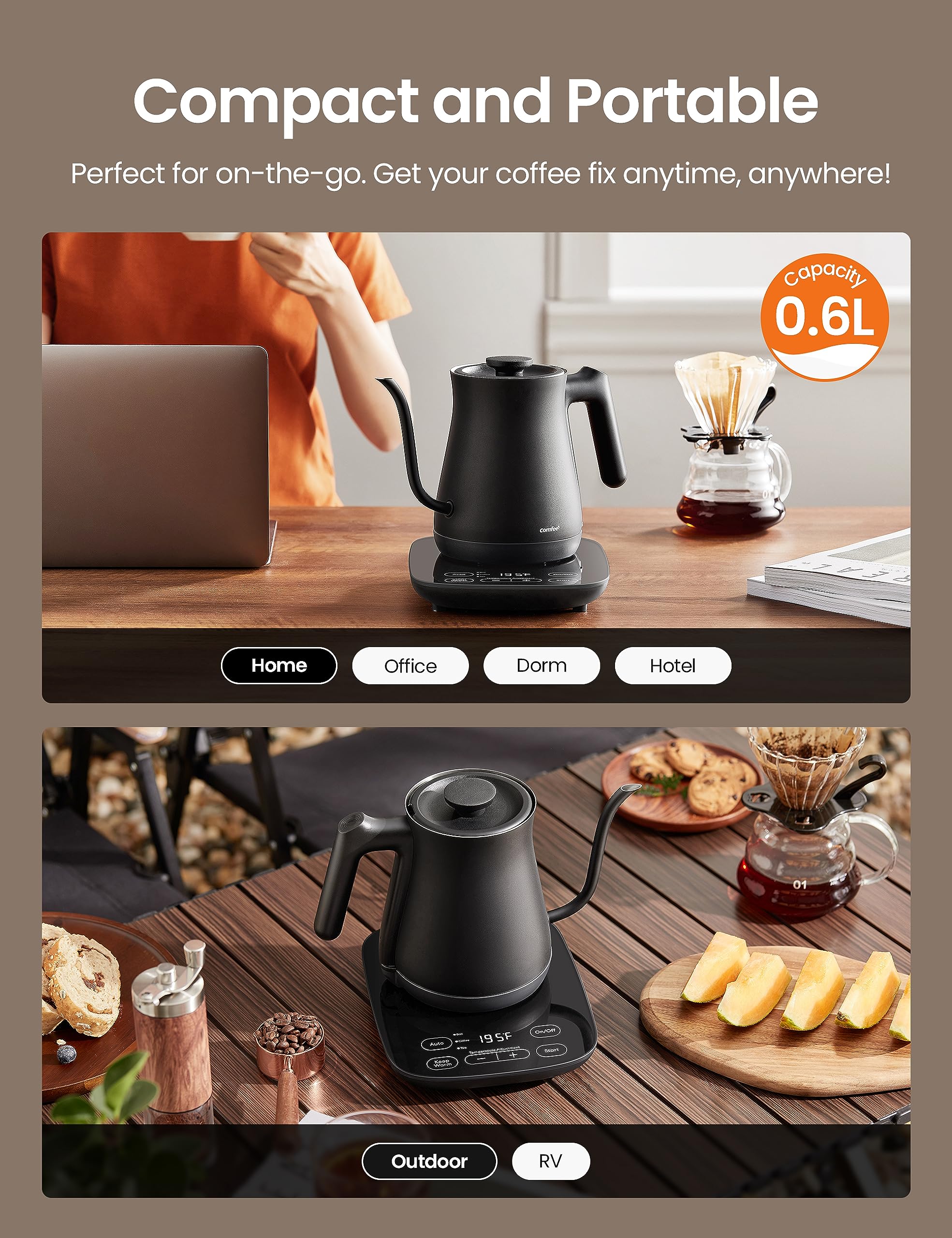 Comfee' Gooseneck Electric Kettle With Temperature Control, 3 Variable Presets, 100% Stainless Steel, 1500 Watt Powerful Quick H