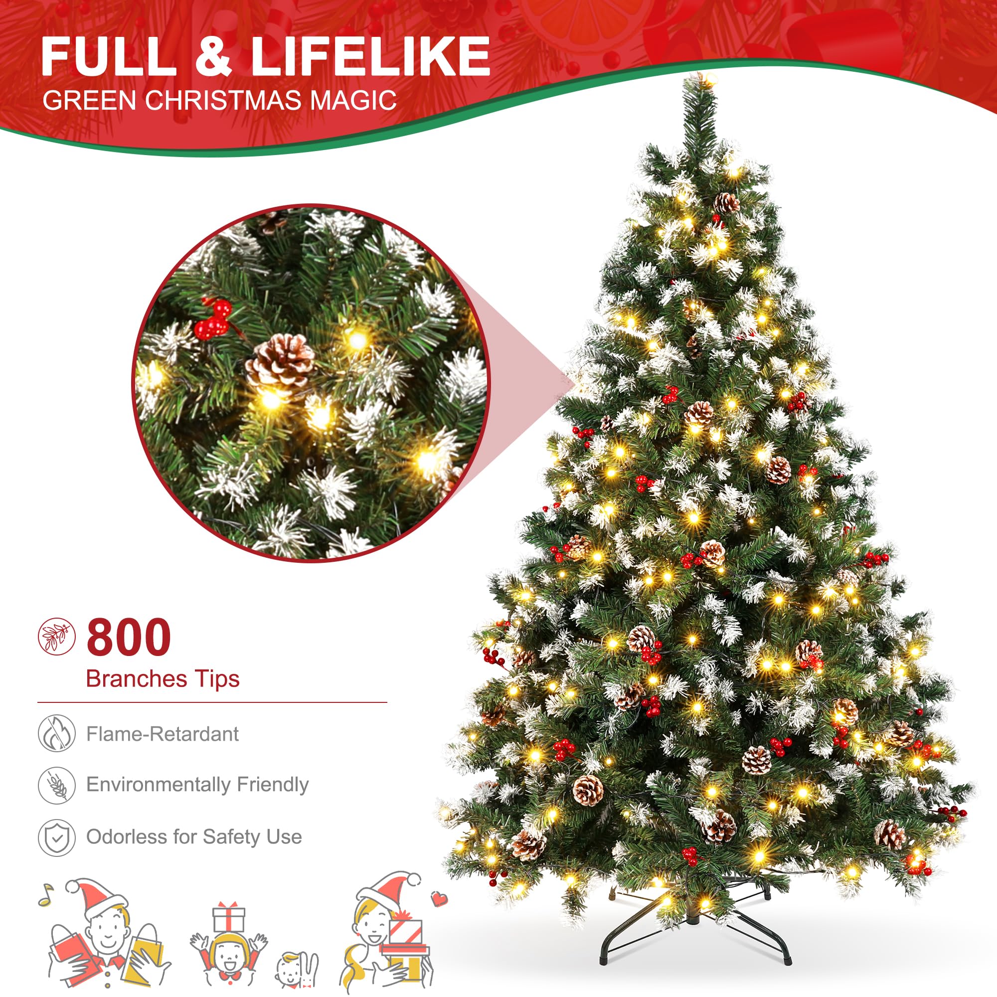 Hapsor Christmas Tree, 6ft Artificial Christmas Trees Pre lit Pre Decorated with 250 Warm Lights, Pine, Berry, Metal Hinged & Ba