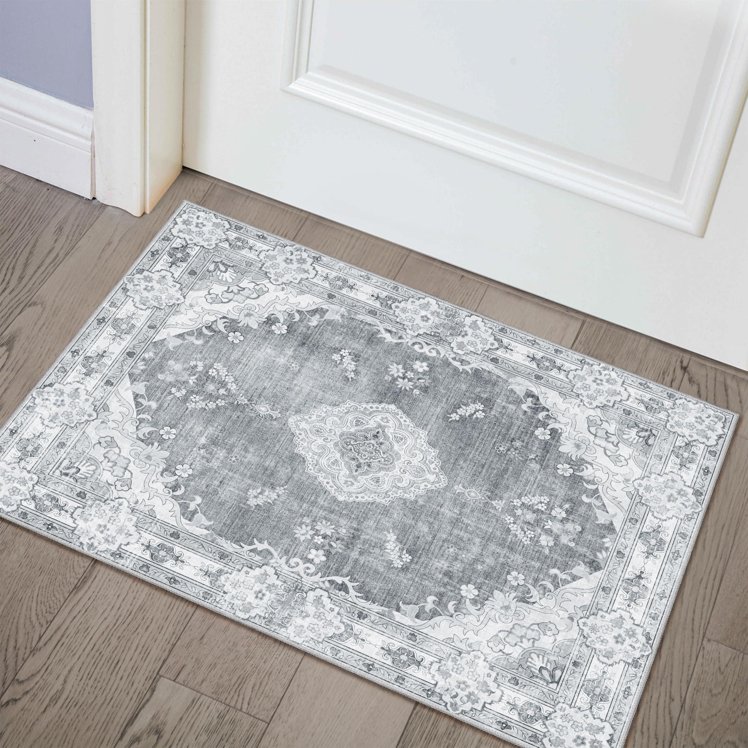 MUJOO Grey Rug 2x3,Small Washable Area Rugs for Entryway Kitchen Bathroom Bedroom,Boho Vintage Bohemian Distressed Farmhouse N