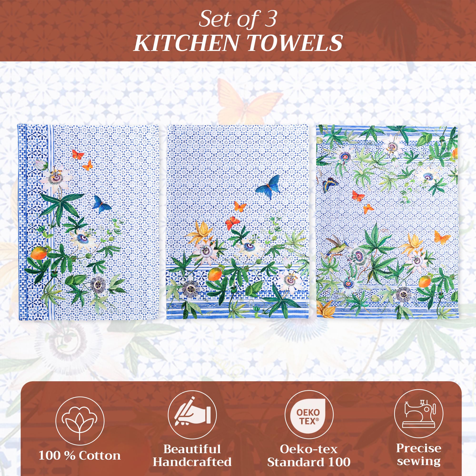 Maison d' Hermine Kitchen Towel 100% Cotton Set of 3 Kitchentowels Tea Towels for Gifts  Table Cleaning  Dining  Buffet Parties & Wedding Use  Passiflora - Spring/Summer