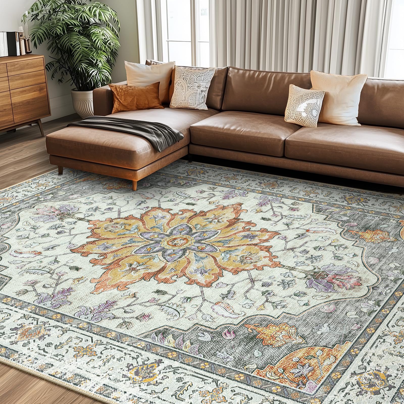 RELEANY Area Rugs 8x10 Washable Non-Slip, Floral Vintage Distress Print Pattern Medallion Carpet for Living Room Bedroom Dinin