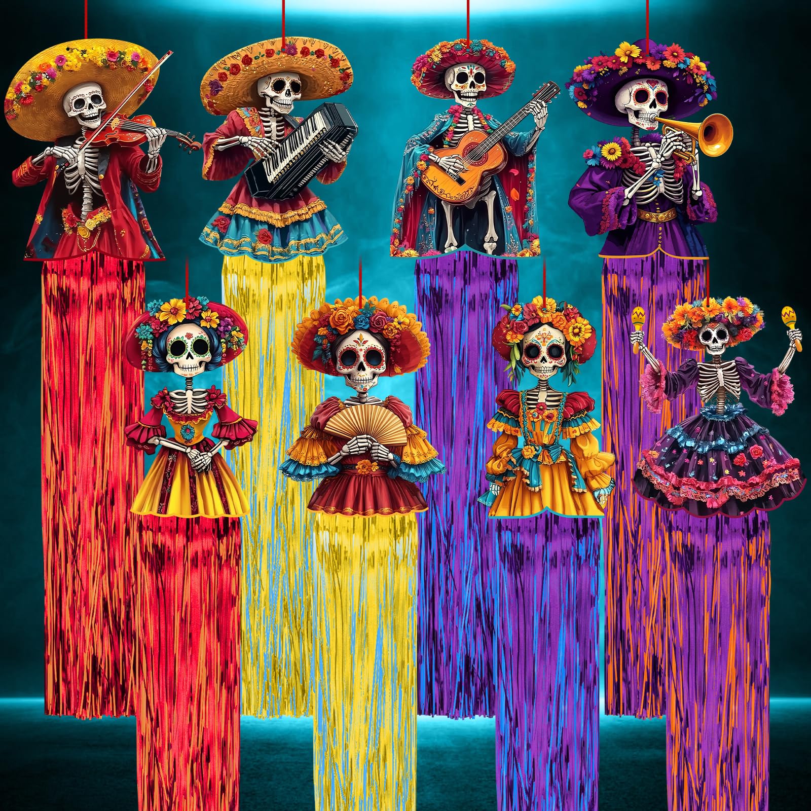 8 Pcs Day of The Dead Sugar Skull Hanging Decorations, 4.9 Ft Dia De Los Muertos Hanging Decorations for Dia de Los Muertos Alta