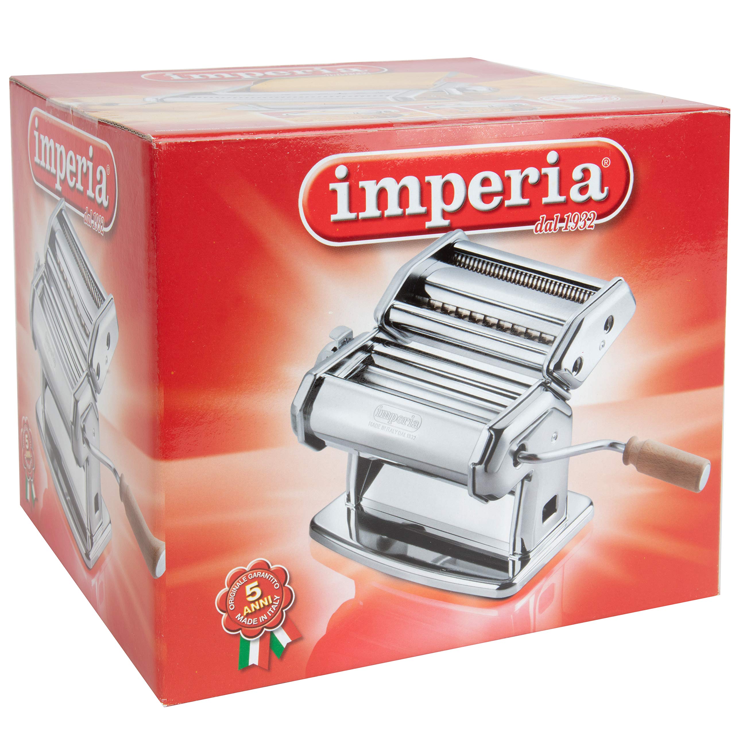 Imperia Pasta Maker Machine, White, Made In Italy- Heavy Duty Steel Construction W Easy Lock Dial, Wood Grip Handle For Authenti