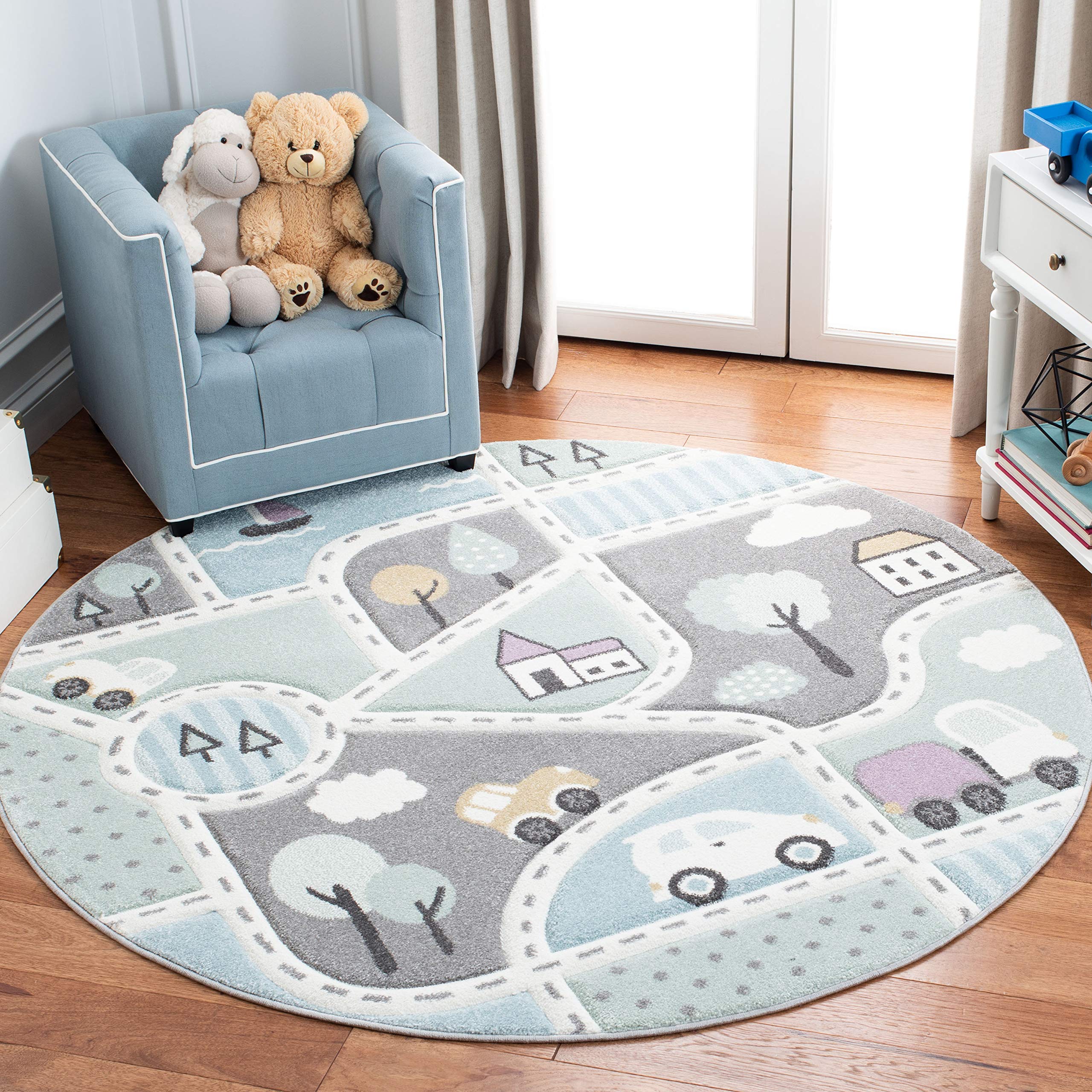Safavieh Carousel Kids Collection 53 Round Grey/Light Blue CRK193F Neighborhood Nursery Playroom Area Rug