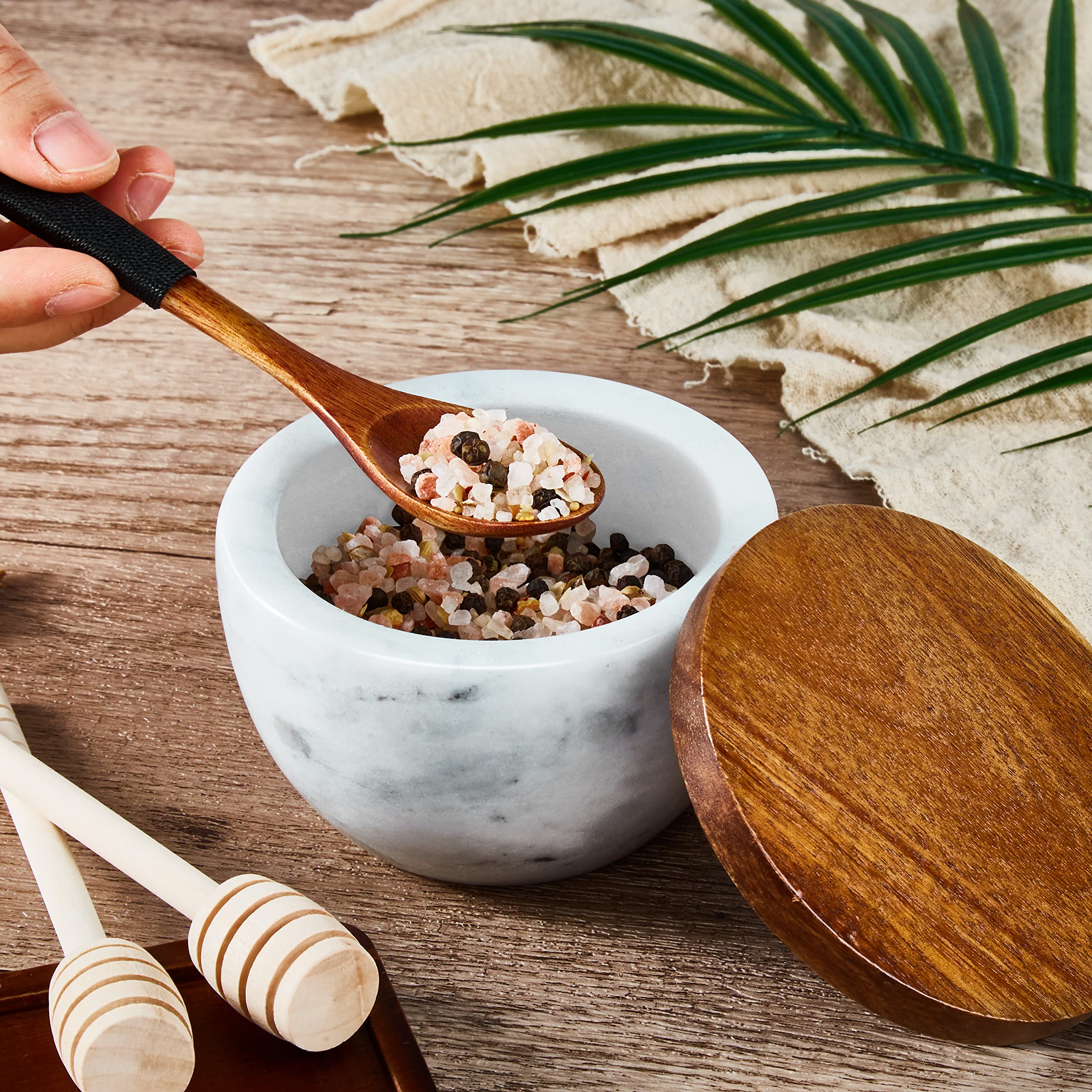 MarcZero Large Salt Box Spice Seasonings Keeper Pepper Container Marble Base with Wooden Cover Salt Cellar Big Capacity Elegant Design (White)