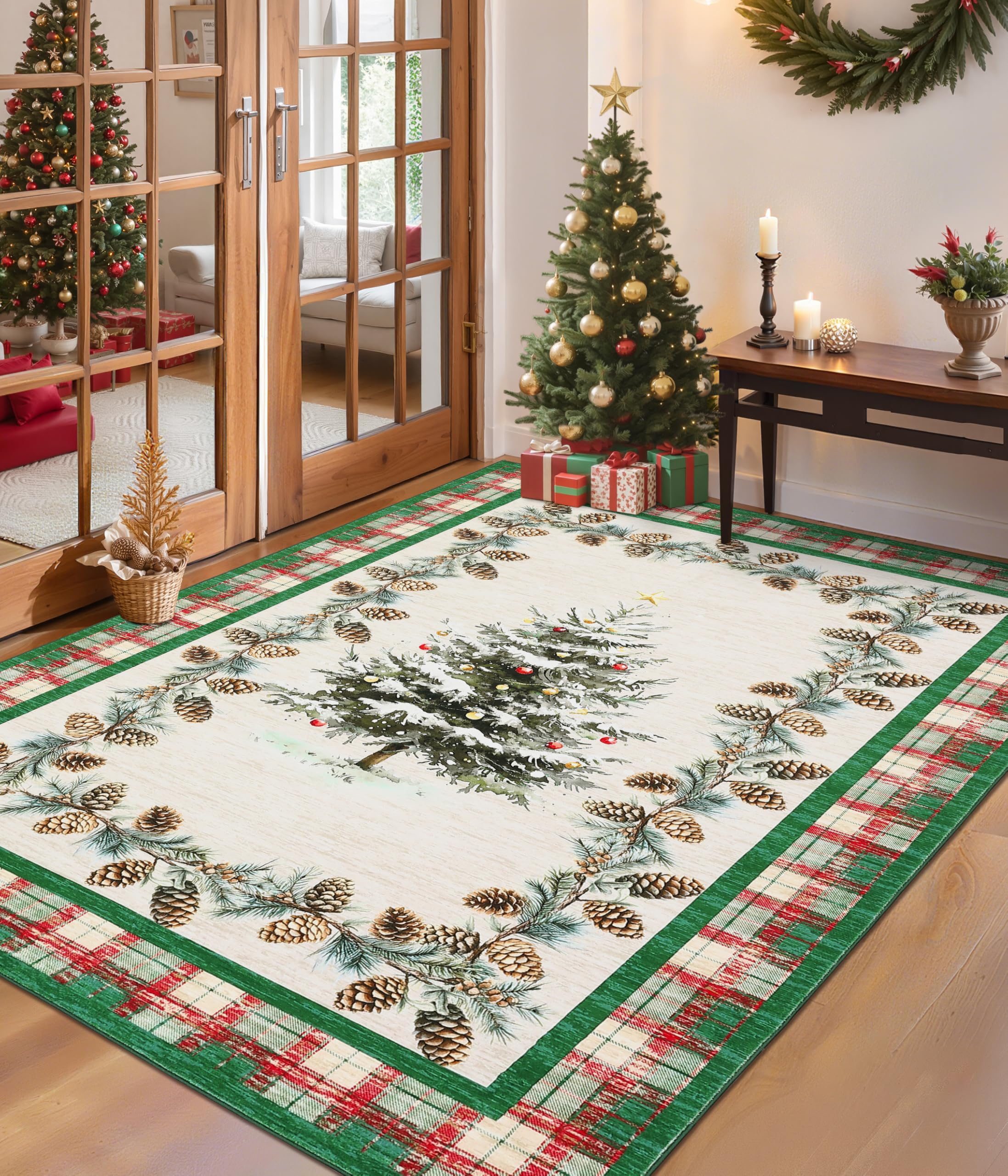 GarveeHome Green Christmas Rug 3x5 Washable Holiday Area Rugs for Living Room, Non-Slip Christmas Tree Checkered Rug for Bedroom