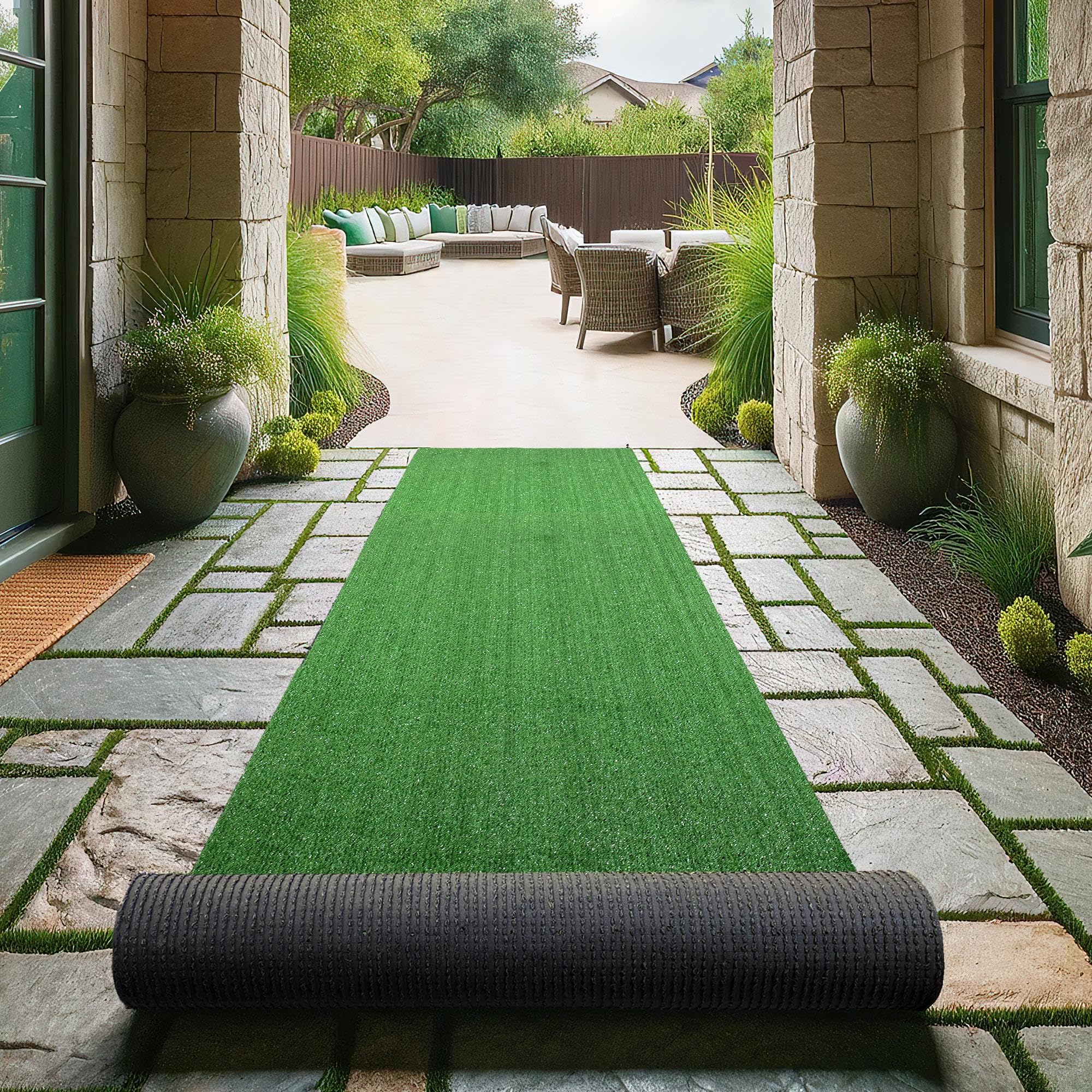Sweet Home Stores Hose-WashWaterproof Easy-Clean Solid Grass Design 3x11Indoor/Outdoor Artificial Grass Runner Rug, 27 x 11,