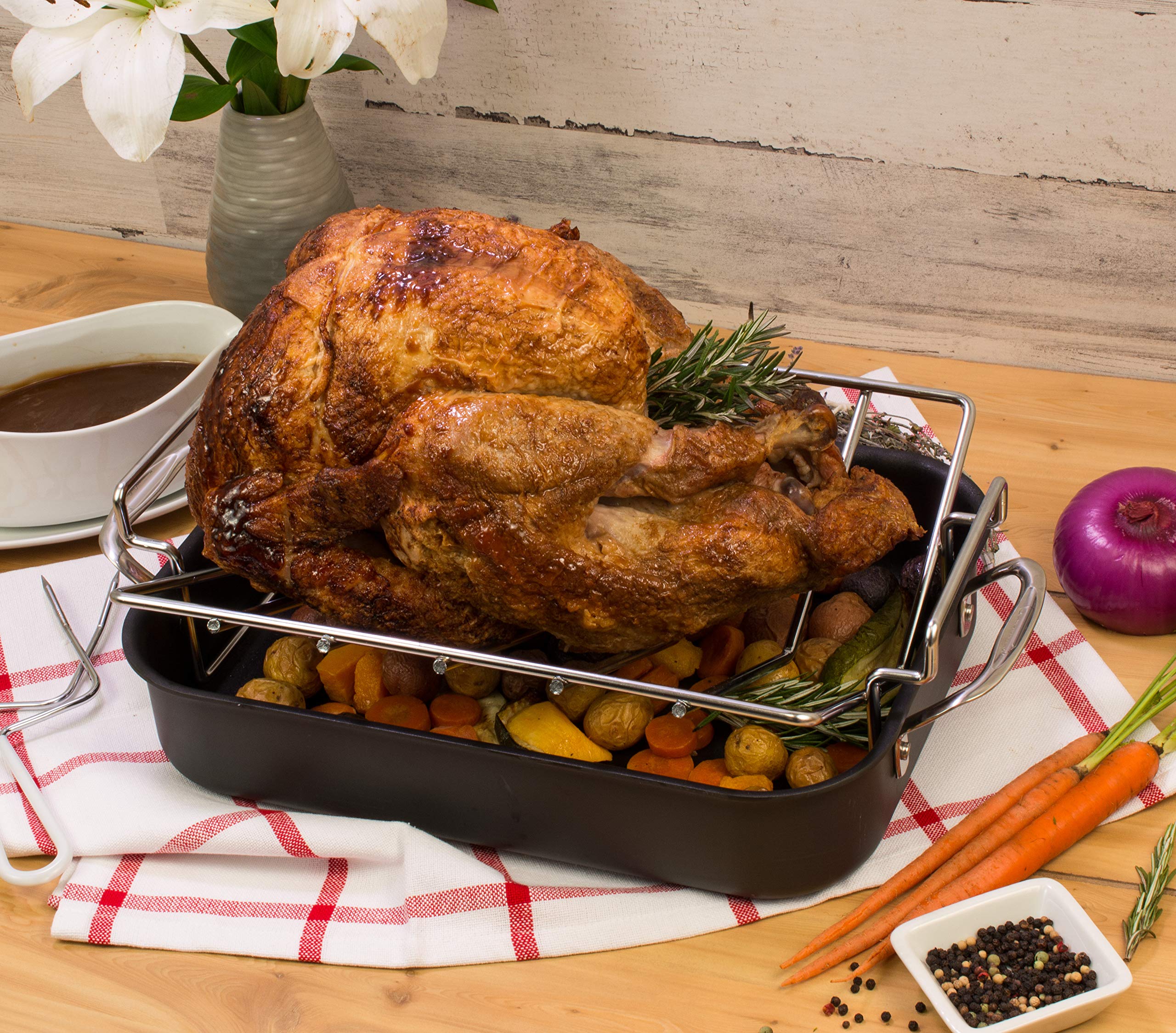 Hic Kitchen Roasting Pro V-Shaped Roasting Baking Rack, Heavyweight Chrome-Plated Steel Wire, 16X10.25 X 4-Inches - Elevates Foo