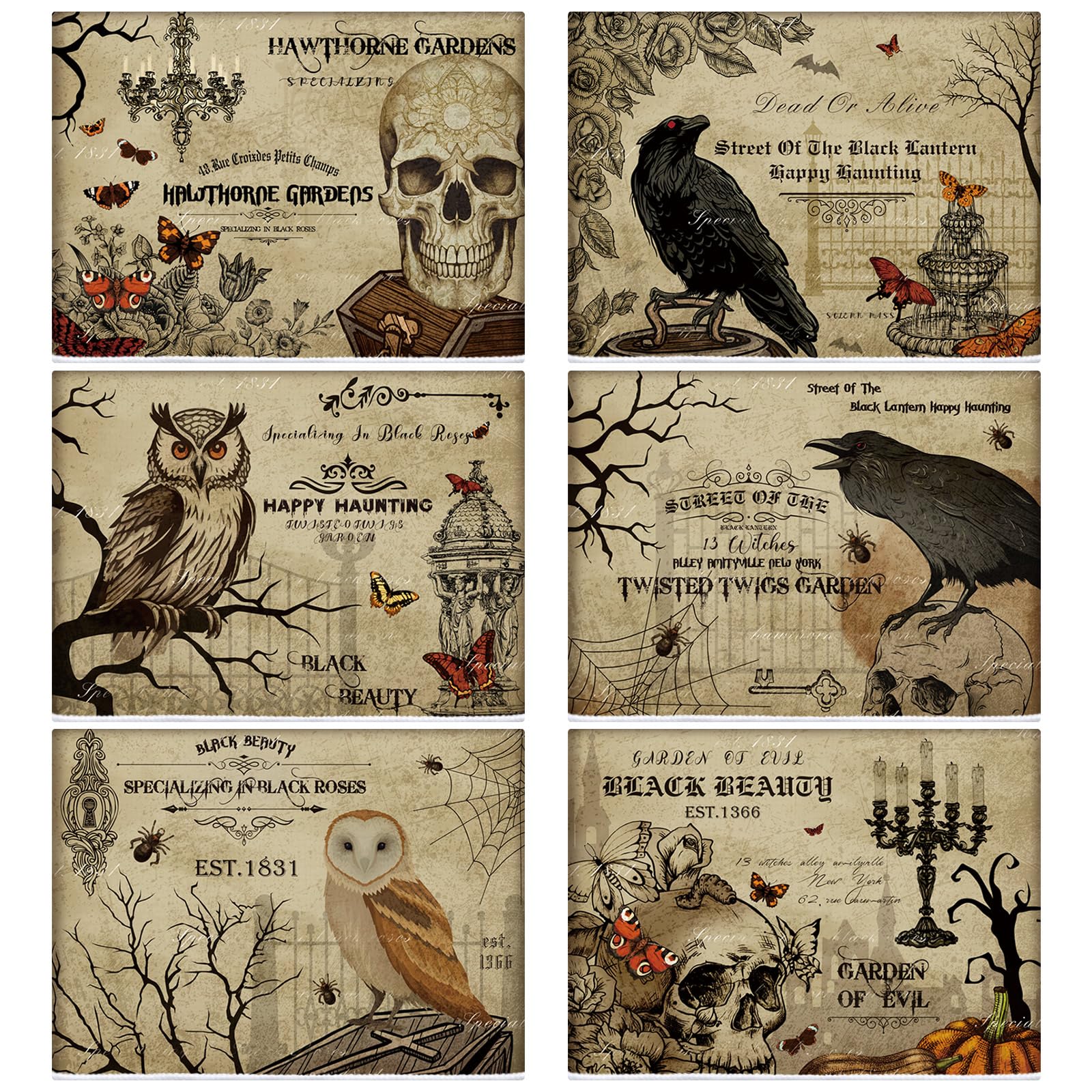 Ganeen 6 Pcs Halloween Kitchen Towels Set Halloween Skeletons Crows Owl Dish Vintage Terror Hand Cooking Baking Tea Towels for H