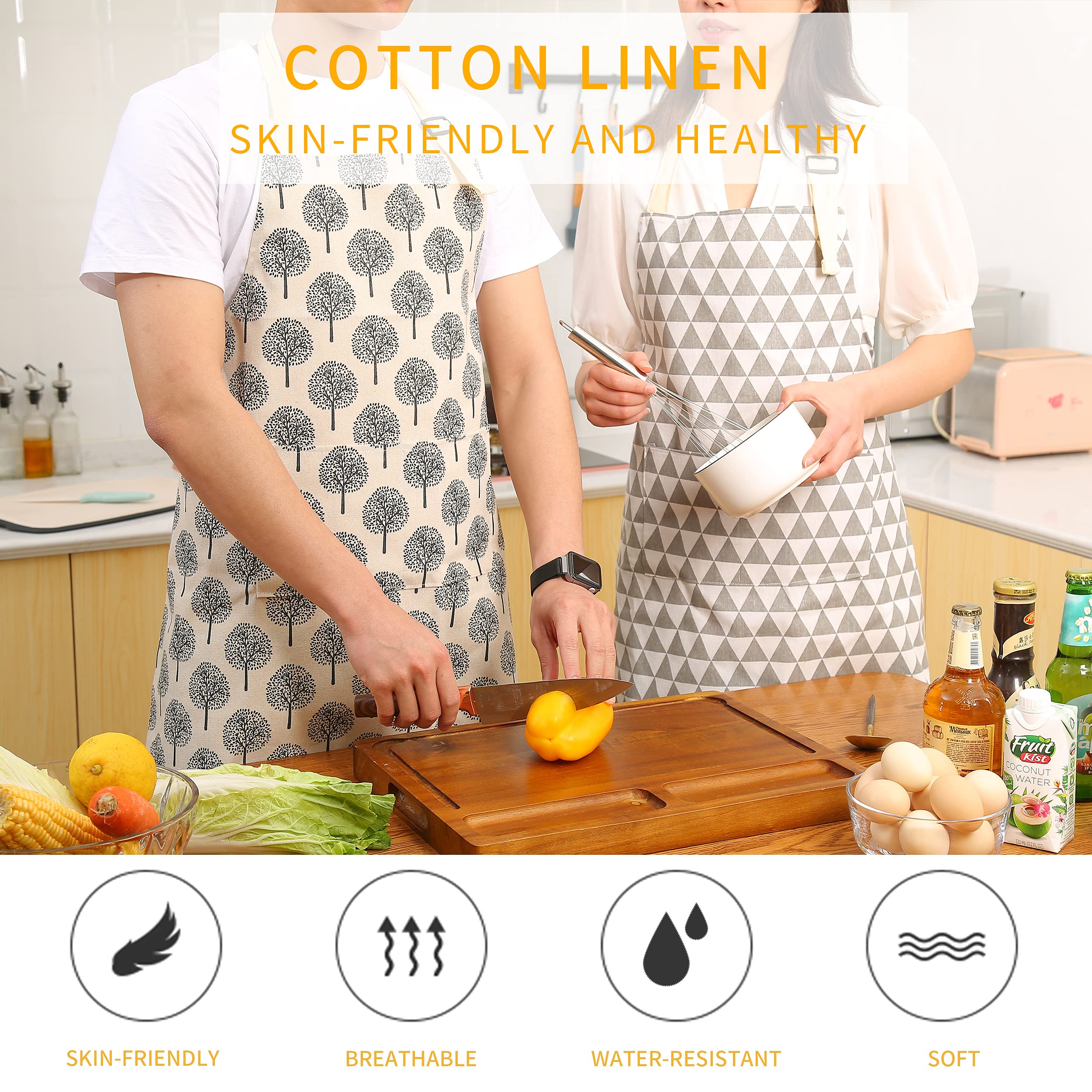 Tosewever 2 Pieces Cotton Linen Waterproof Bib Apron With 2 Pockets - Long Ties Adjustable Neck Strap - Unisex Cooking Kitchen D