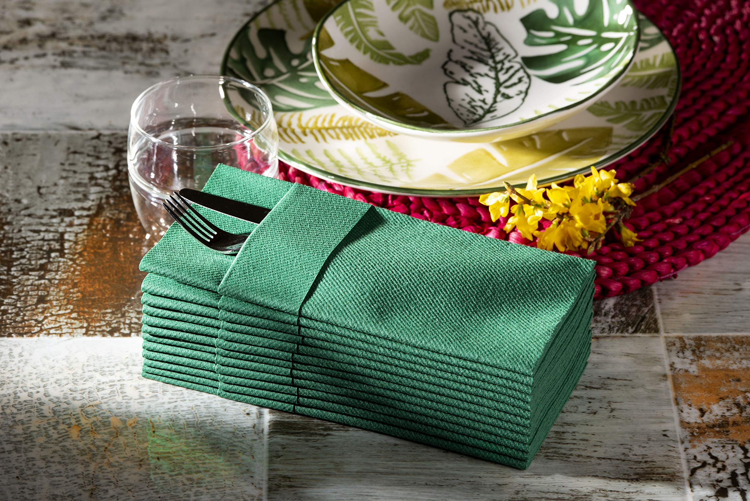 Green Dinner Napkins Cloth Like with Built-in Flatware Pocket  Linen-Feel Absorbent Disposable Paper Hand Napkins for Kitchen  Bathroom  Parties  Weddings  Dinners or Events  1/8 Fold  Pack of 50