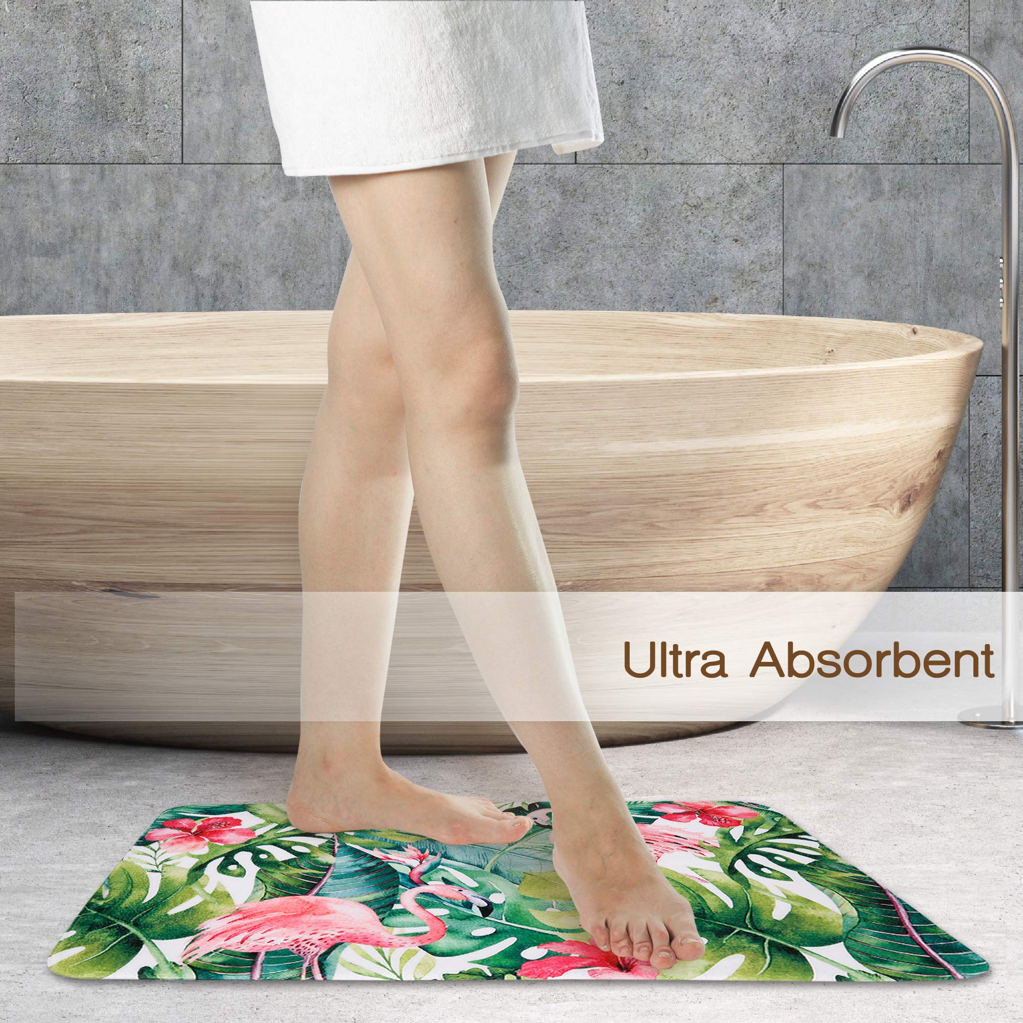 Livilan Green Bathroom Rug, Green Bath Mat, Leaf Bath Mat, Leaf Bathroom Rug, Tropical Bath Mat, Tropical Bathroom Rug, Flamingo