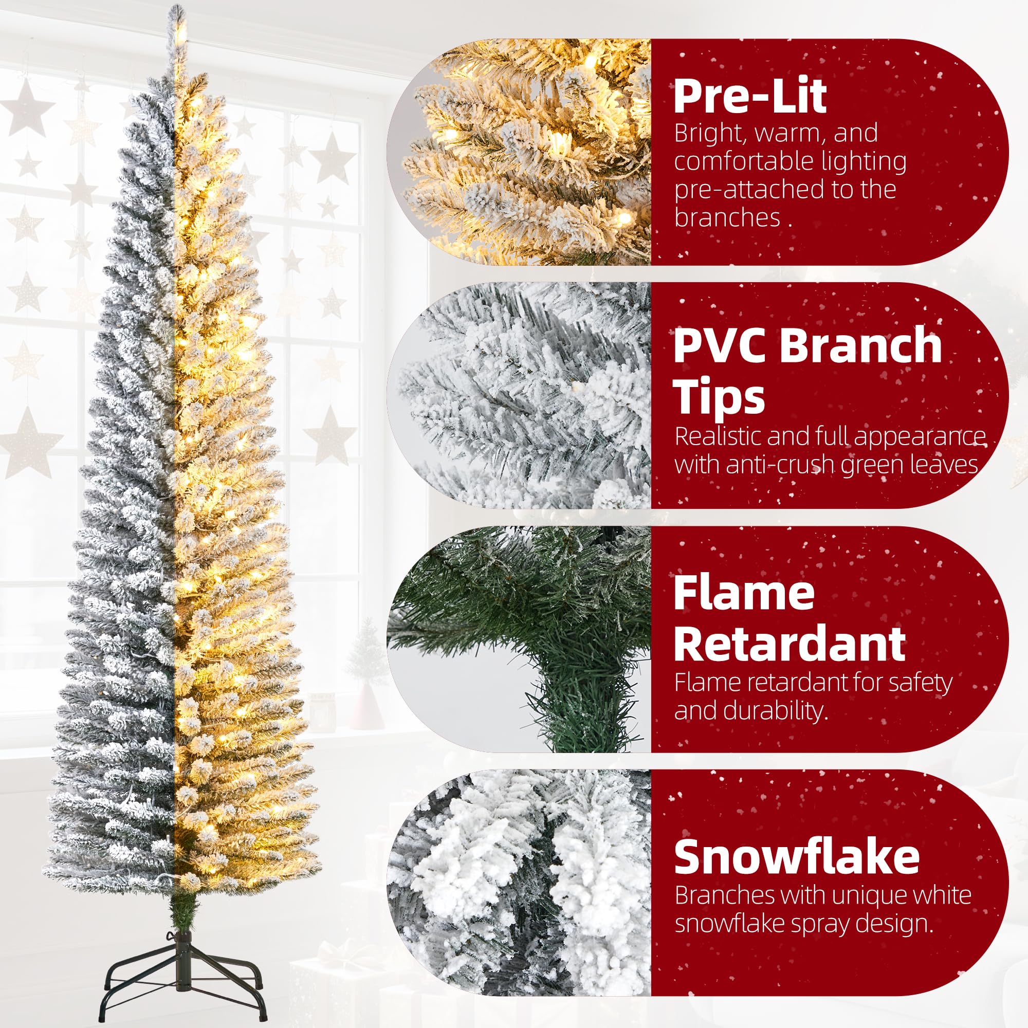 6Ft Pre-Lit Snow Flocked Pencil Christmas Tree, Fir Hinged Slim Skinny Corner Xmas Tree with 120 Incandescent Warm White Lights