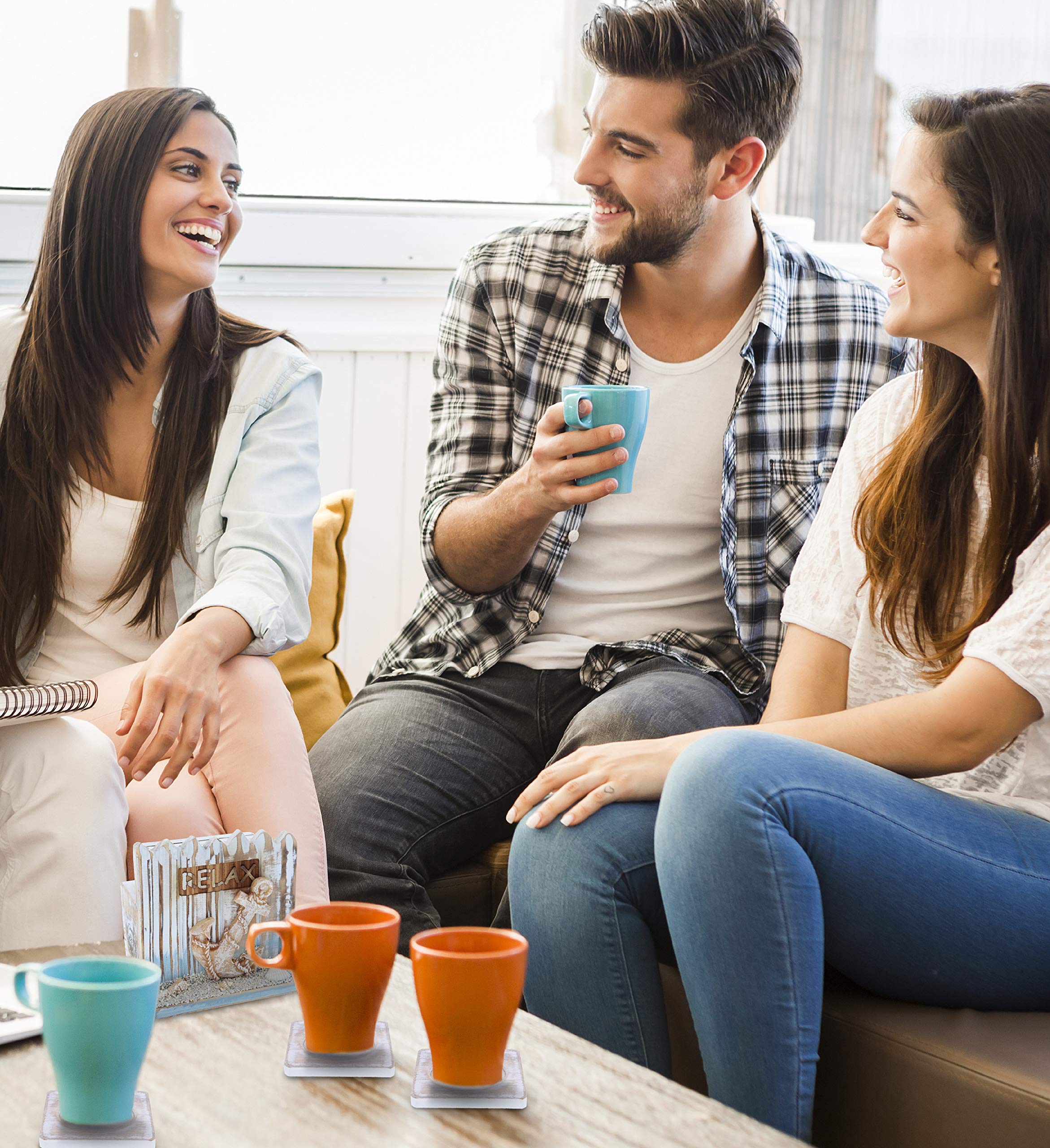 Cota Global Coastal Horizon Nautical Wooden Coaster Set - Rustic Square Coaster Set With Holder, Cute Beach Theme Drink Coasters