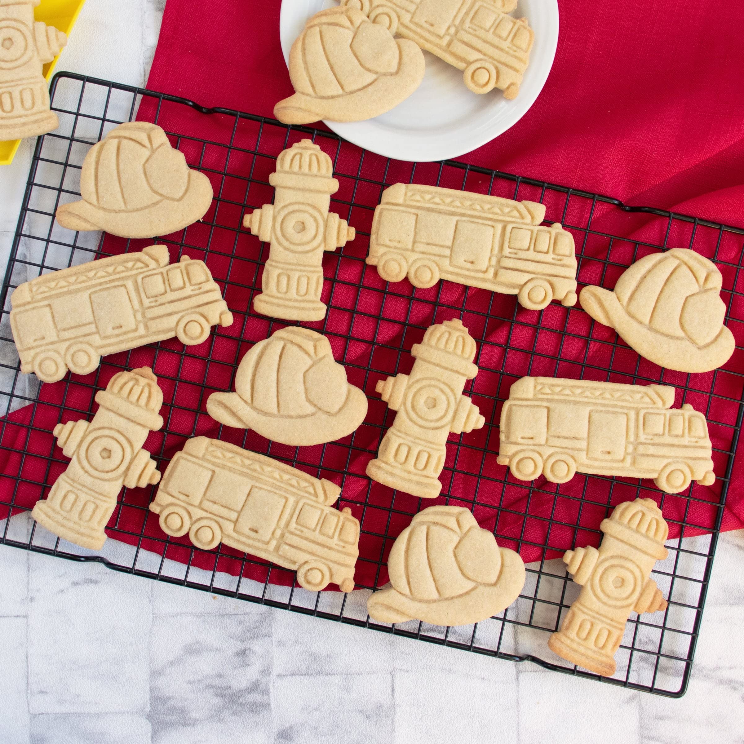 Set Of 3 Fireman Themed Cookie Cutters (Designs: Fire Truck, Fire Hydrant, And Fire Helmet), 3 Pieces - Bakerlogy