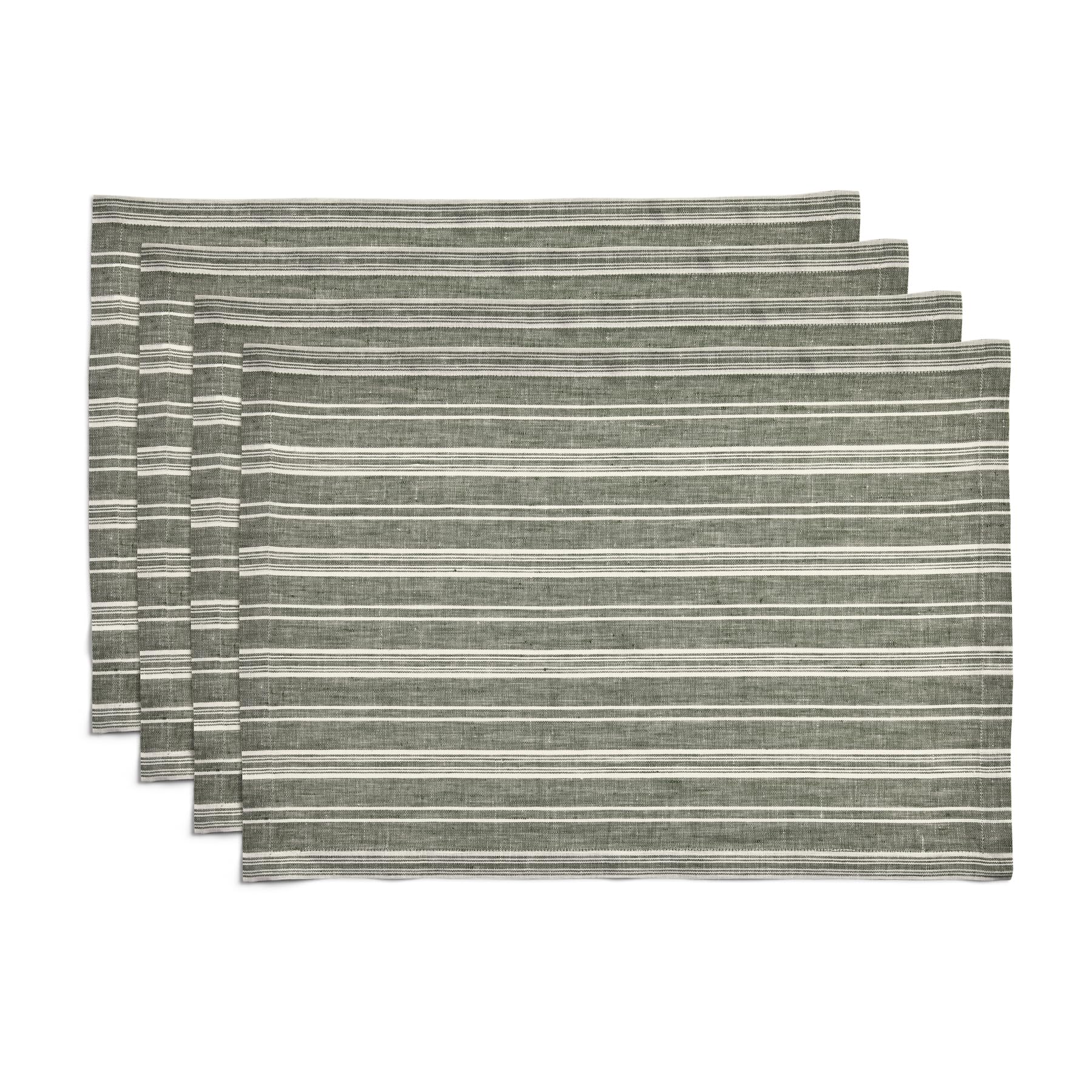 Solino Home Stripe Linen Placemats 19'' L X 14'' W Inch - 100% Pure Linen Green And White Cloth Placemats Set Of 4 - Chelsea Str