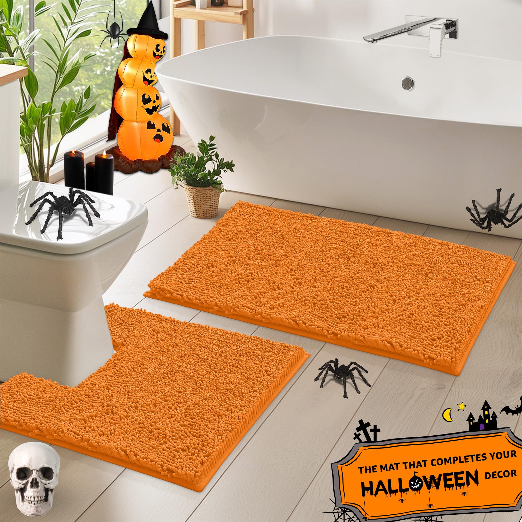 Orange Bathroom Rugs Chenille 2-Piece Bath Mat Set, Soft Plush Bath Rug +Toilet Mat.1'' Microfiber Shaggy Carpet, Super Absorben