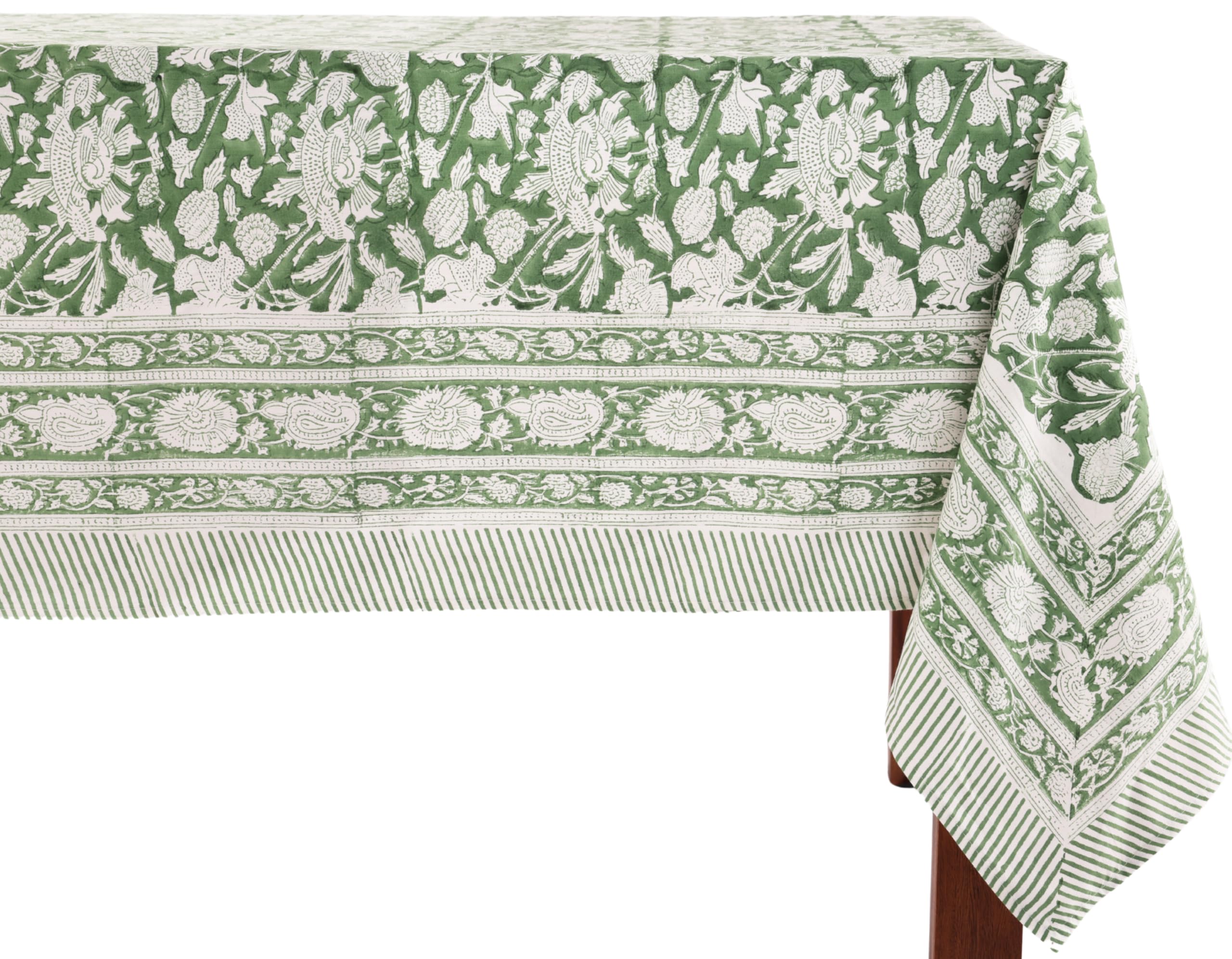 ATOSII Meraki Green 100% Cotton Spring Summer Tablecloth, Block Print Rectangle Table Cover - Dining, Parties, Outdoors, Wedding