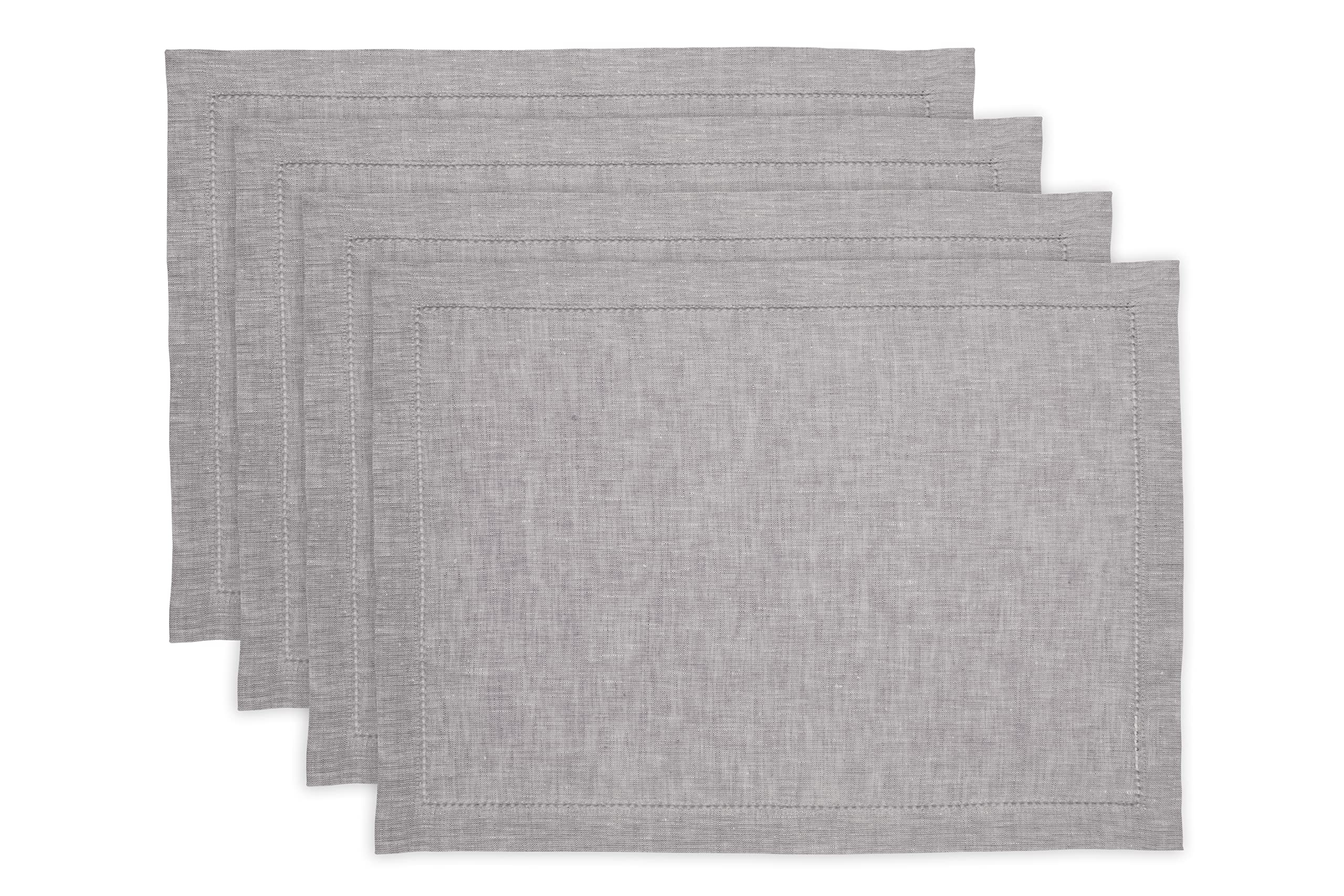 Solino Home Linen Placemats Oyster Grey - Set Of 4, 100% Pure Linen Tablemats 14 X 19 Inch - Milan Hemstitch Placemats For Sprin