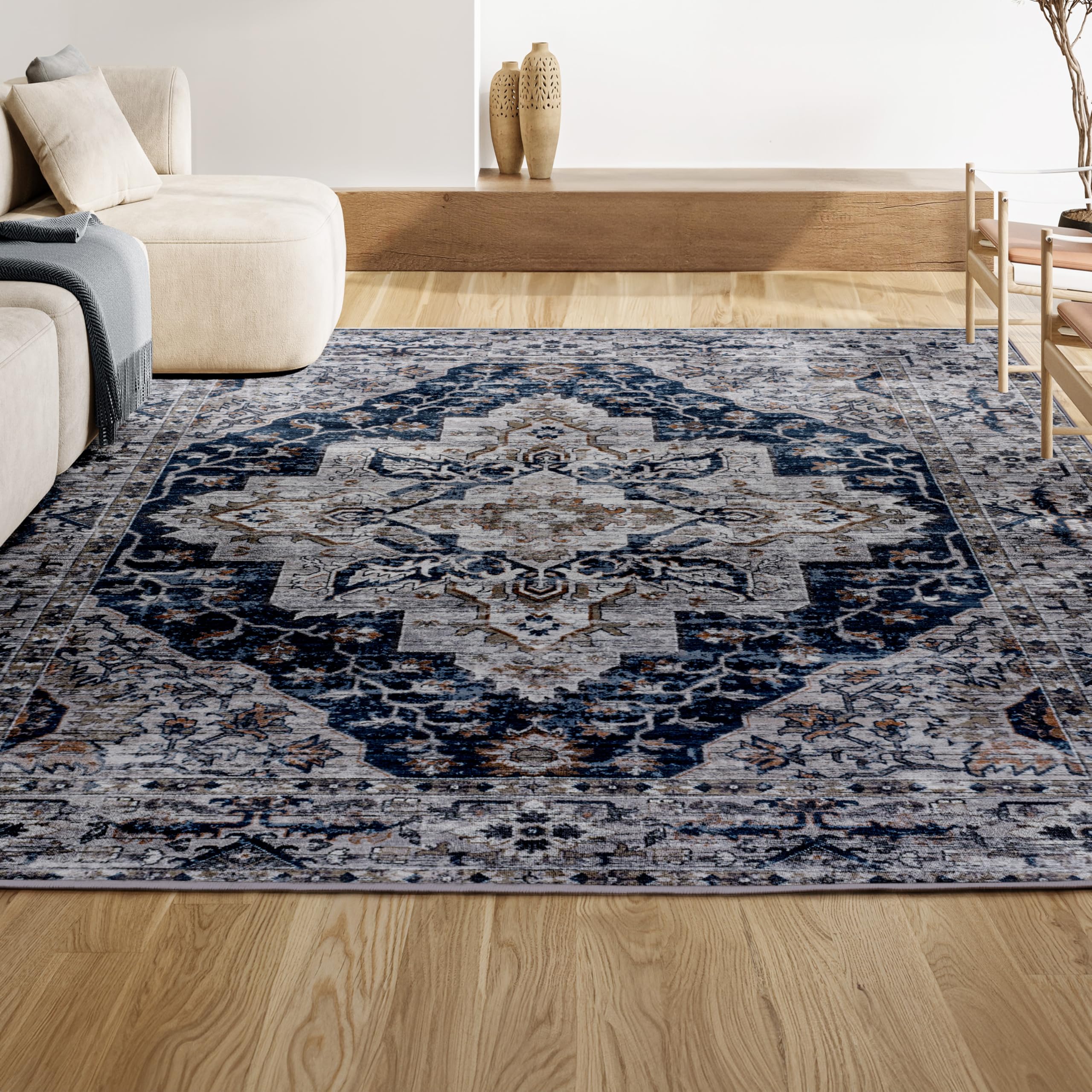 JONATHAN Y WSH102B-8 Didim Boho Gray Medallion Machine-Washable Navy/Light Gray 8 ft. x 10 ft. Area Rug, Easy to Clean, Non-Shed