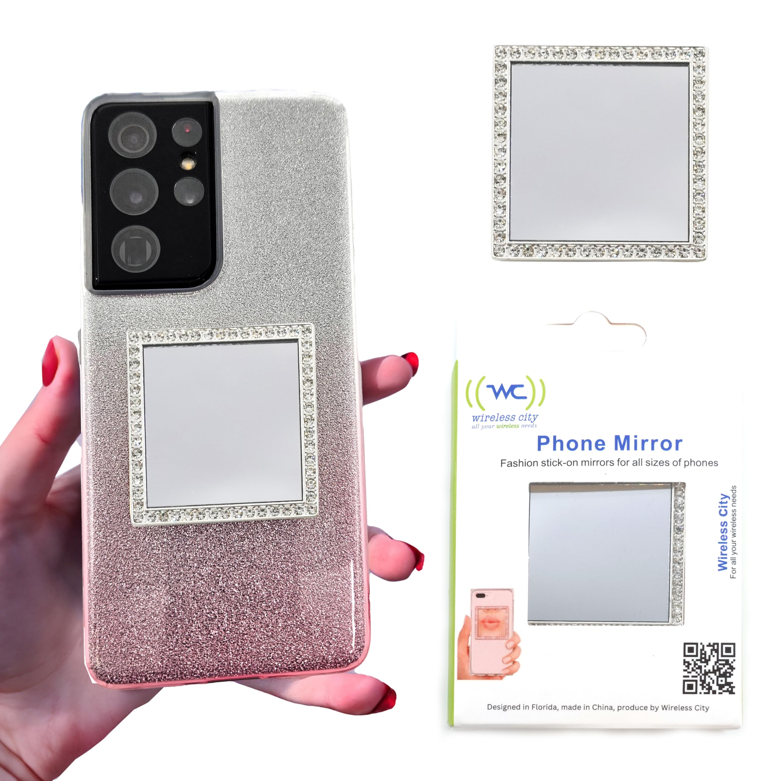 Wireless City Diamond Bling Makeup Mirror For Phone Case - Silver, Stick-On Vanity Mirror With Cubic Zirconia Stones, Universal