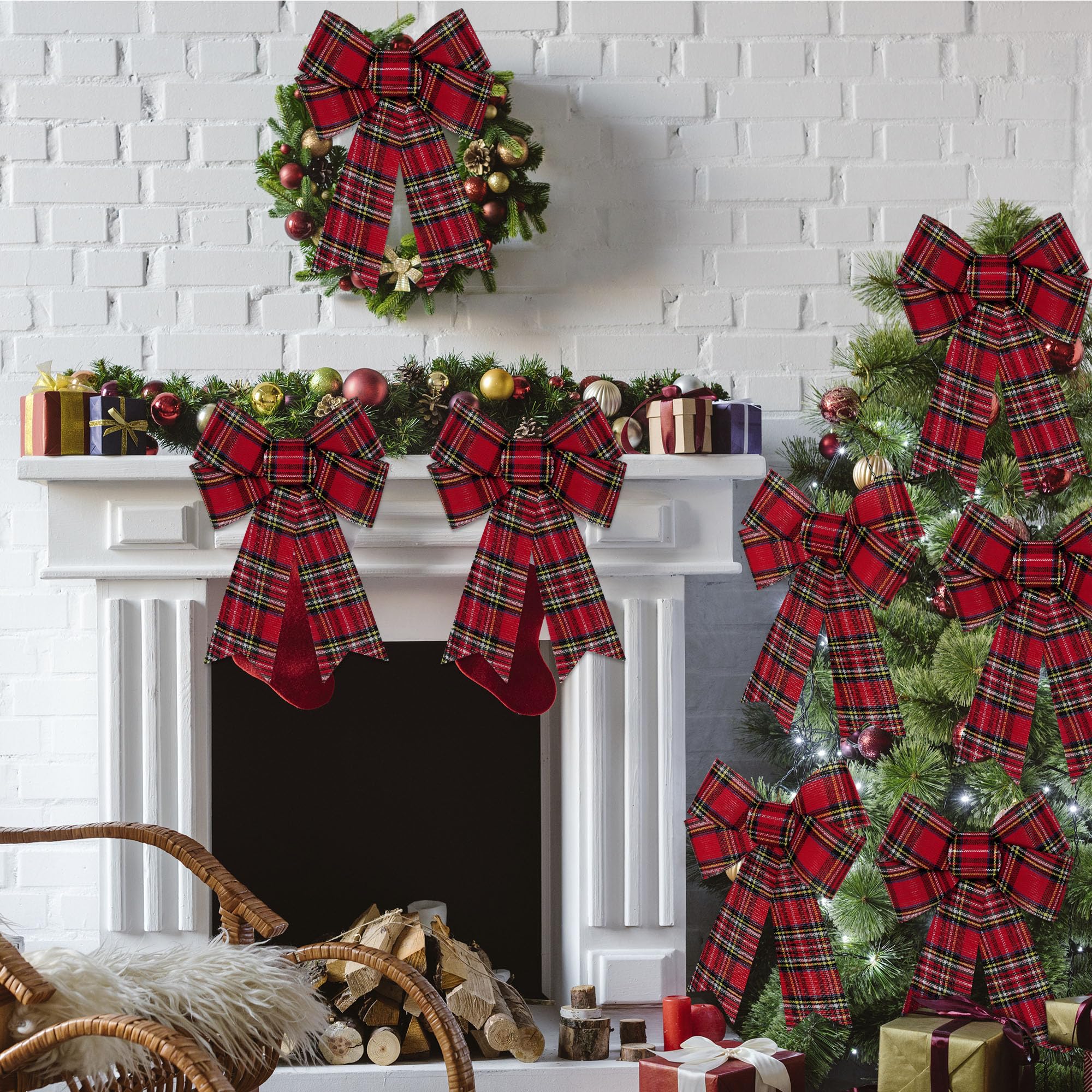6 PCS Christmas Tree Decor, 9 x 12 Inch Large Christmas Bows, Buffalo Plaid White Black Red Xmas Decor PVC Xmas Decor Indoor Out