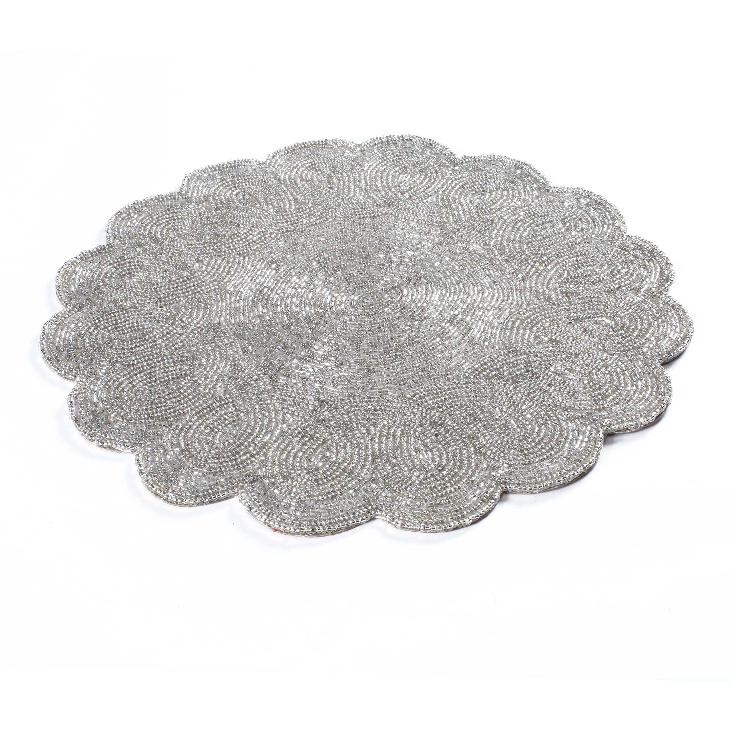 Lightnpro Christmas Beaded Placemat Silver, Scalloped Round Hand Beaded Charger Placemat, Thanksgiving Placemat - Silver - 13 In