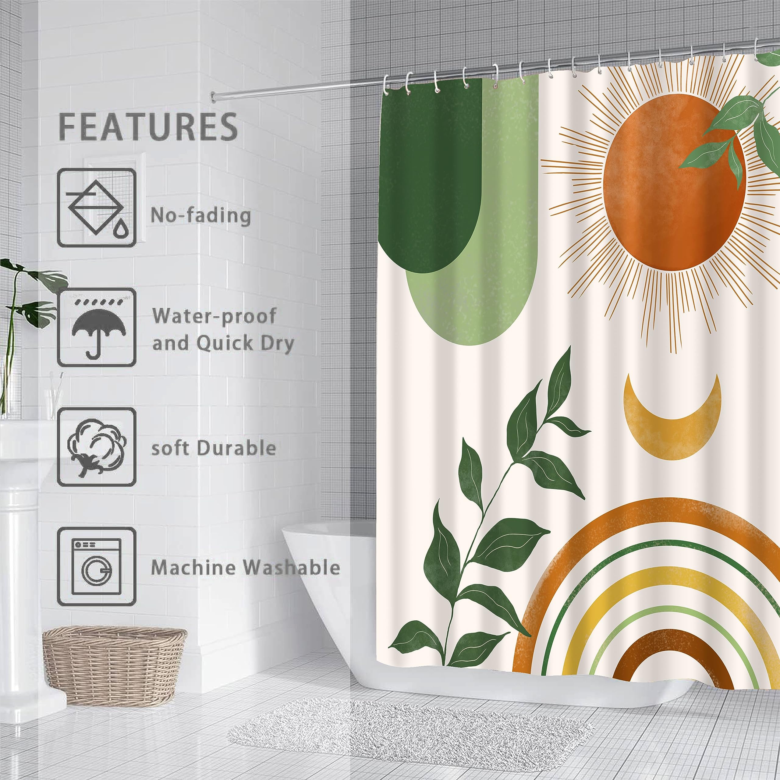Ghroiep Mid Century Abstract Boho Aesthetic Shower Curtain Set, Spring Summer Green Nature Leaf Sun Modern Minimalist Home Bathr