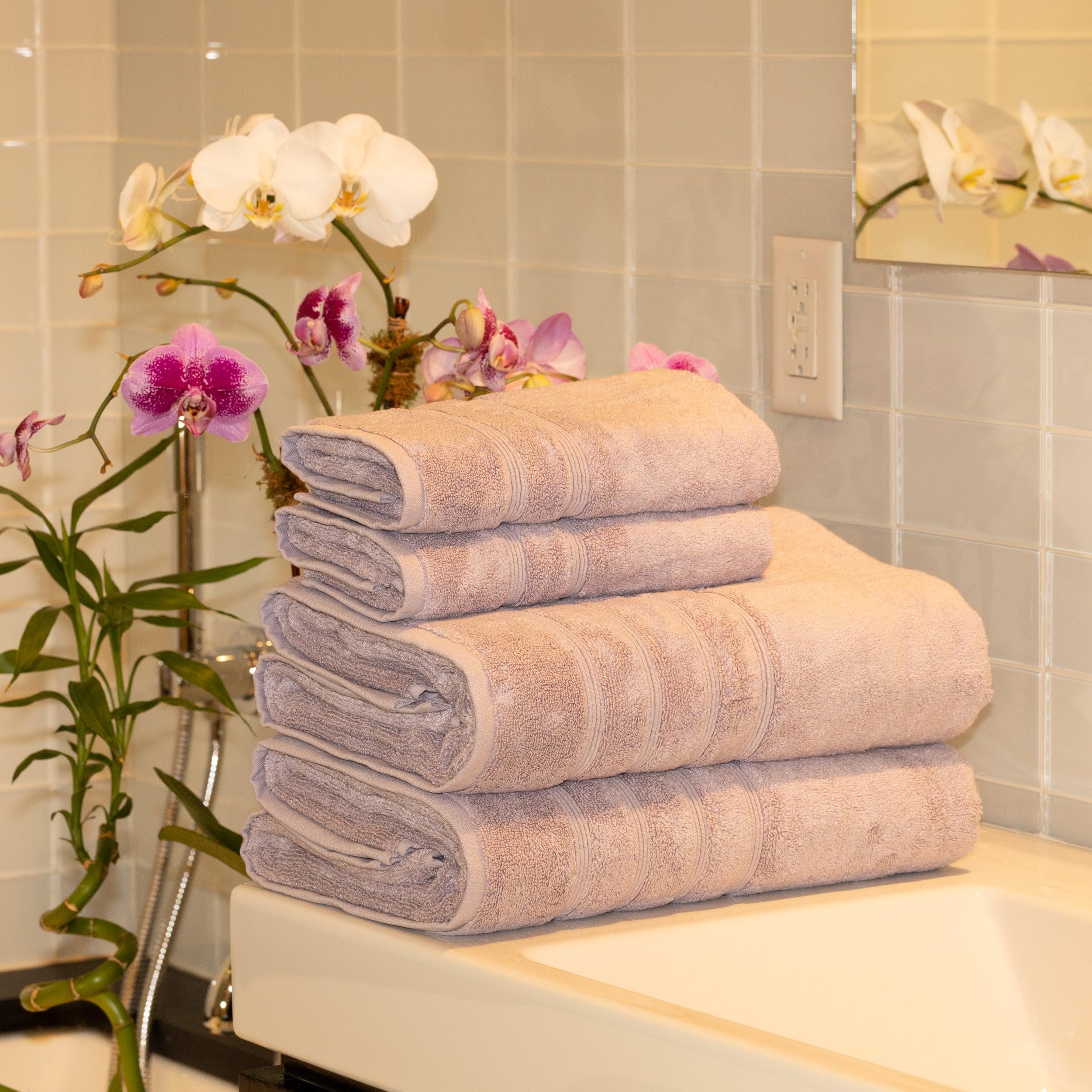 Mosobam Luxury Turkish 4Pc Xl Towel Set 35X70 16X30 Lavender Aura 700 Gsm Bamboo Viscose & Aegean Turkish Combed Cotton