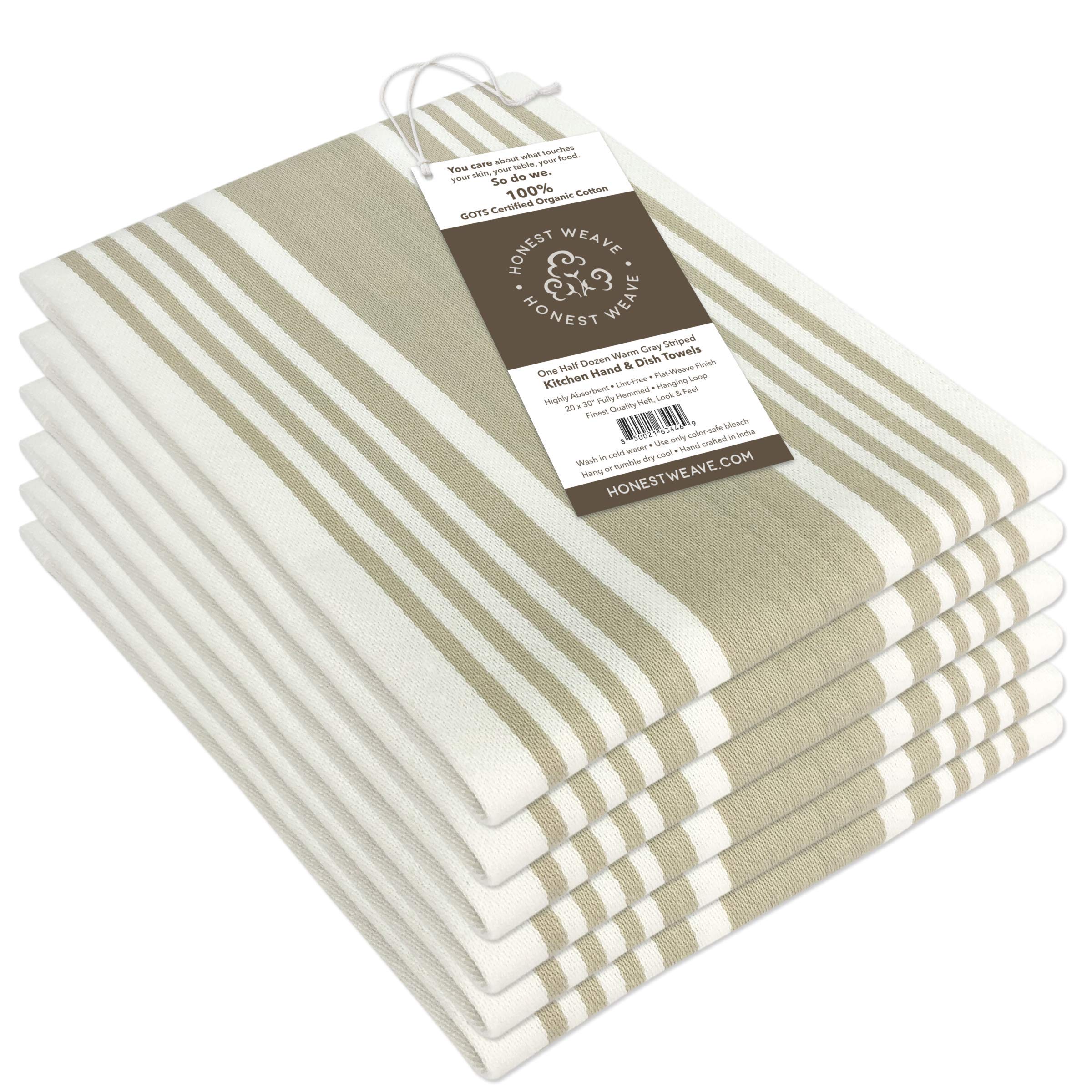 HONEST WEAVE GOTS Certified Organic Cotton Kitchen Hand and Dish Towel Sets - Oversized 20x30 inches  Fully Hemmed  in Designer Colors  6-Pack  Warm Gray/Taupe Stripe