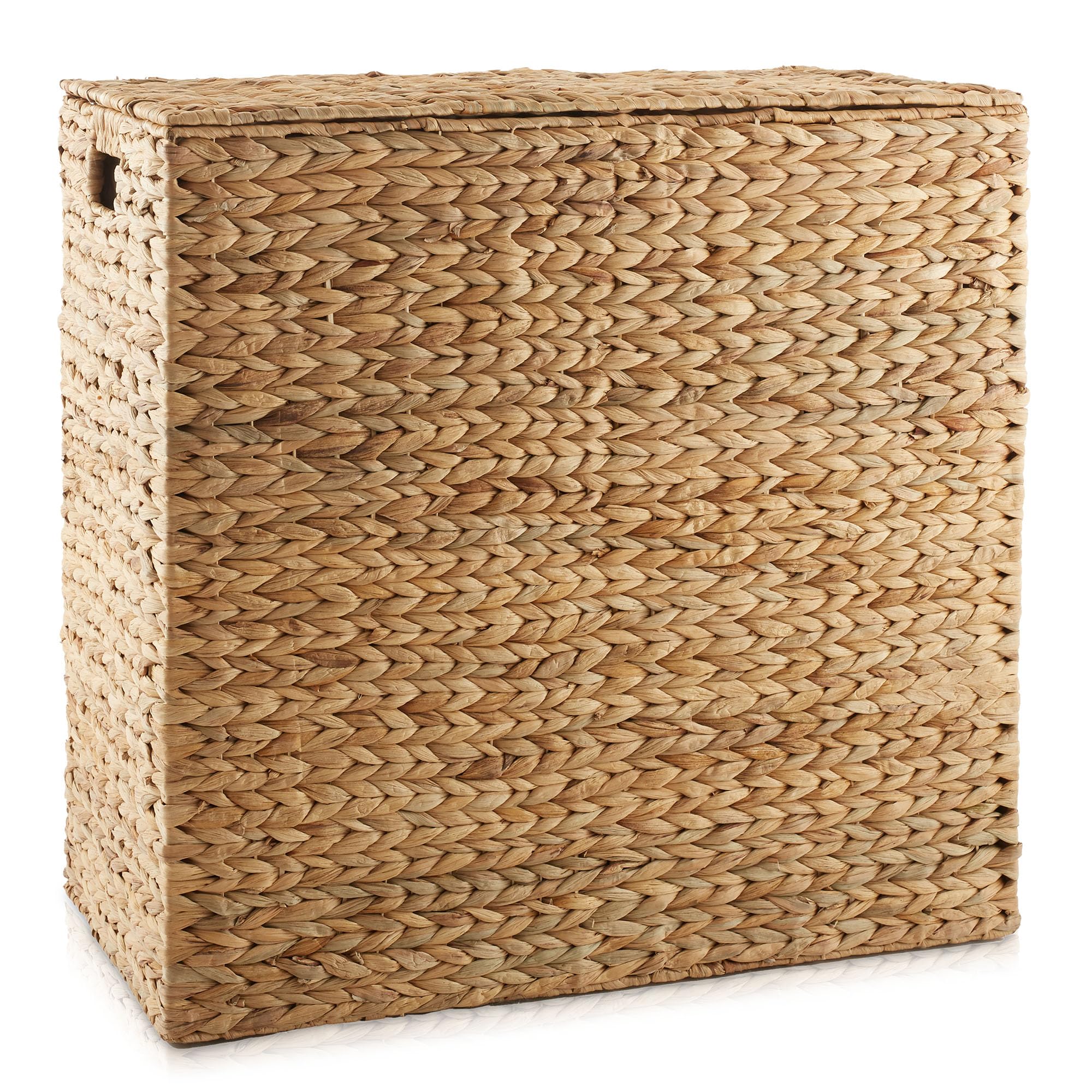 Casafield 2-Section Laundry Hamper With Removable Liner Bags - Natural, Woven Water Hyacinth Double Laundry Basket Sorter For Cl