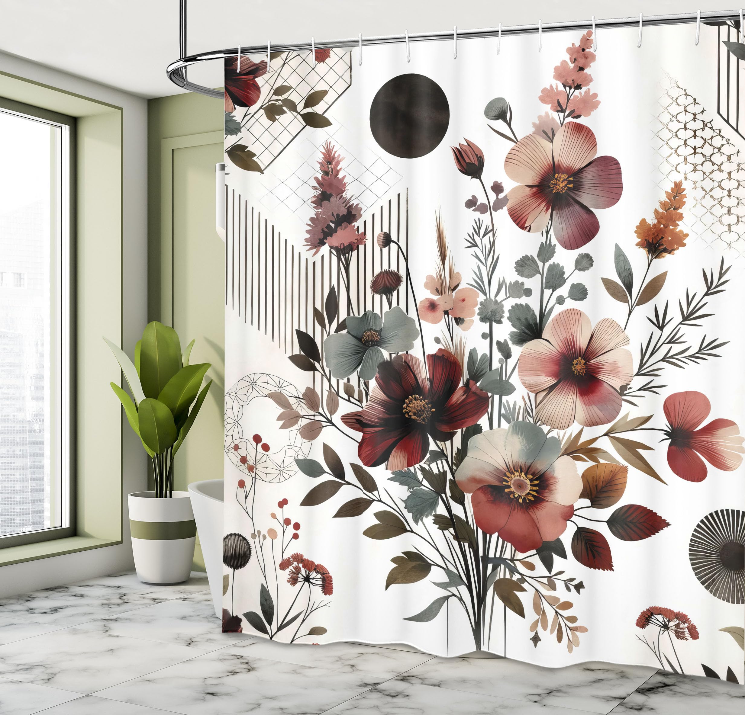 Ambesonne Floral Shower Curtain, Mid Century Modern Rounds Chevrons And Stripes Ornate Leafy Wildflowers, Cloth Fabric Bathroom
