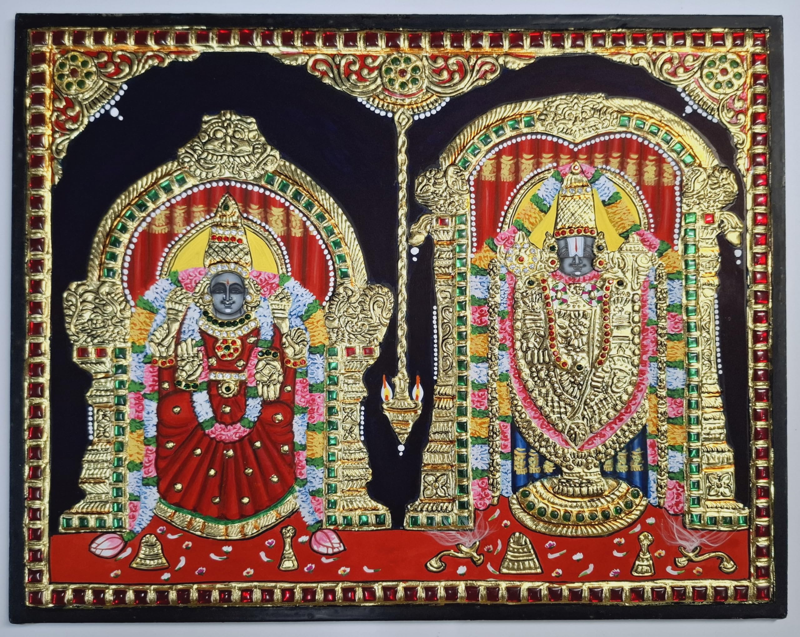 Jline Arts Wood Wall Hanging, Tanjore Painting Balaji Padmavathi, Multi-Color, Hand Painted, 22C Gold Foils Work, Teakwood Frame