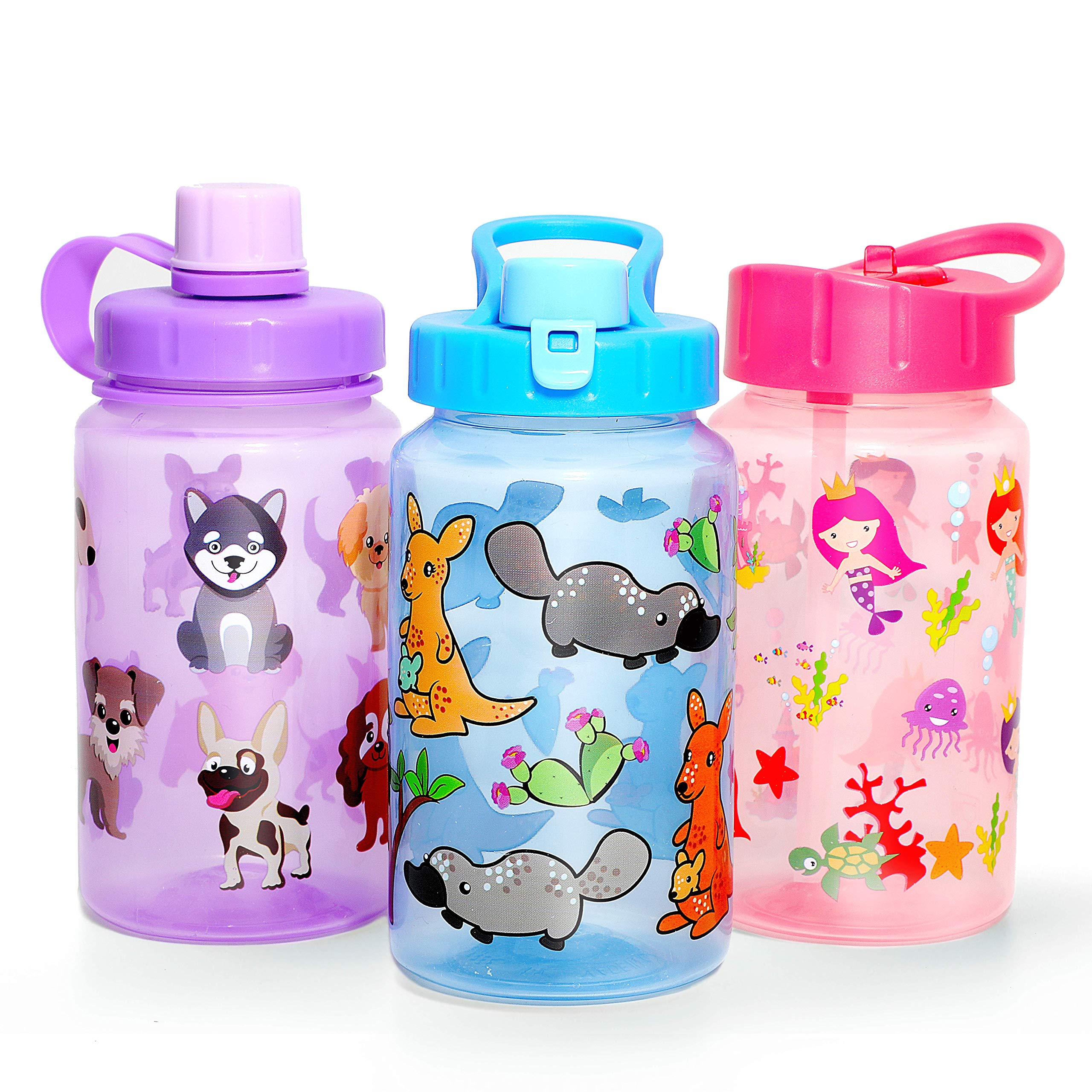 Home Tune 3 Pack 16Oz Kid Water Drinking Bottle - Bpa Free, Flip Straw Cap, Carry Loop, Chug Lid, Wide Mouth, Lightweight, Leak-