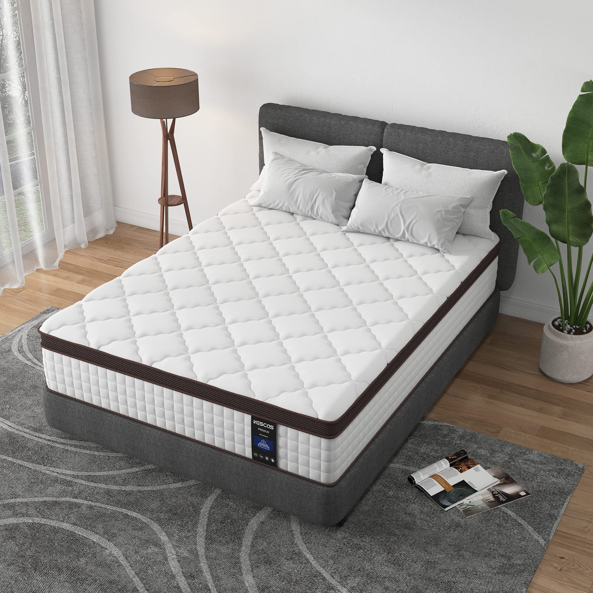 Kescas Twin XL Mattress 12 Inch Hybrid Mattress with Heavier Coils& Memory Foam Ergonomic Design for Pressure Relief Medium Firm Feel Made in North America