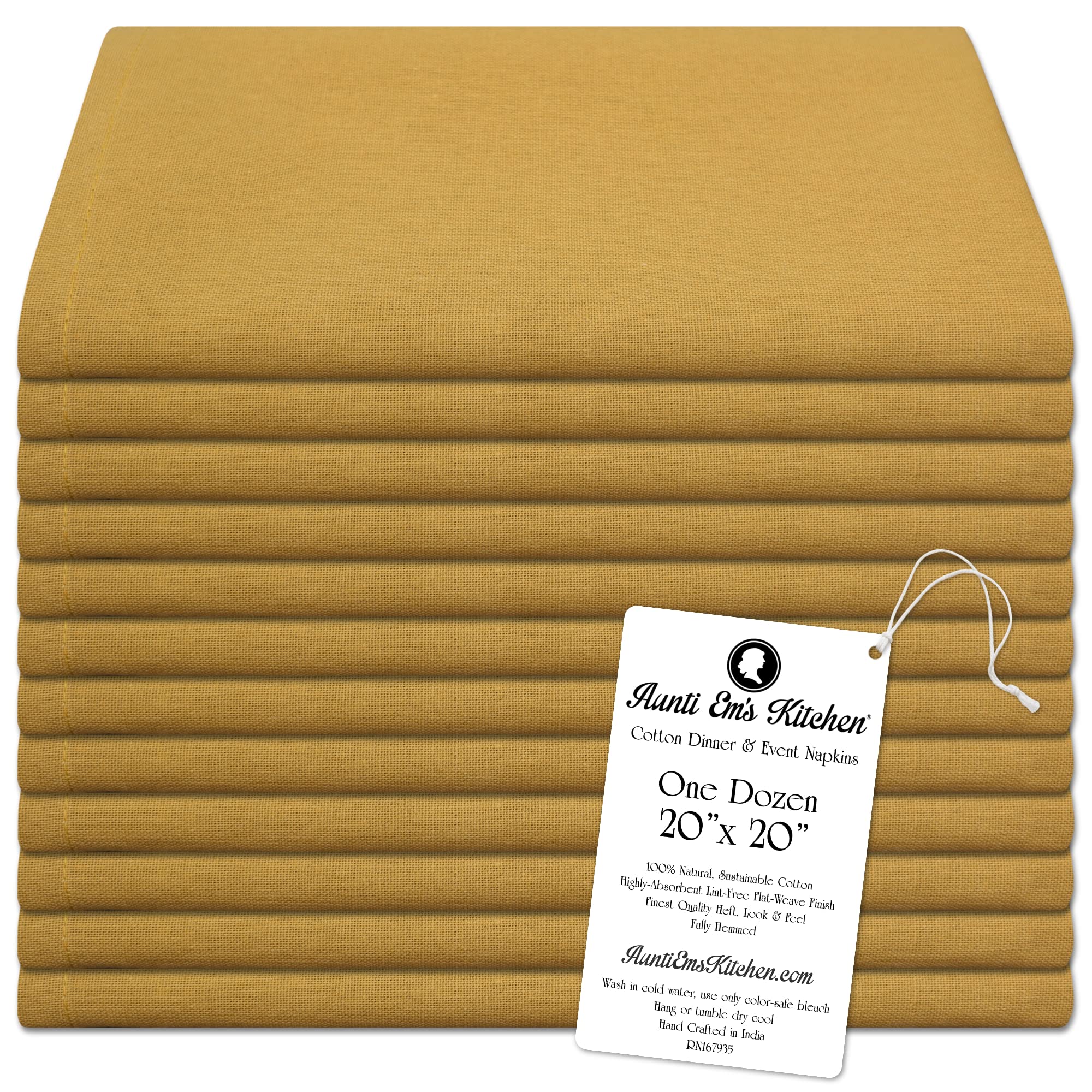 Aunti Em's Kitchen Gold Cotton Napkins Cloth 20 x 20 Oversized 100% Natural Bulk Linens for Dinner  Events  Weddings  Set of 12