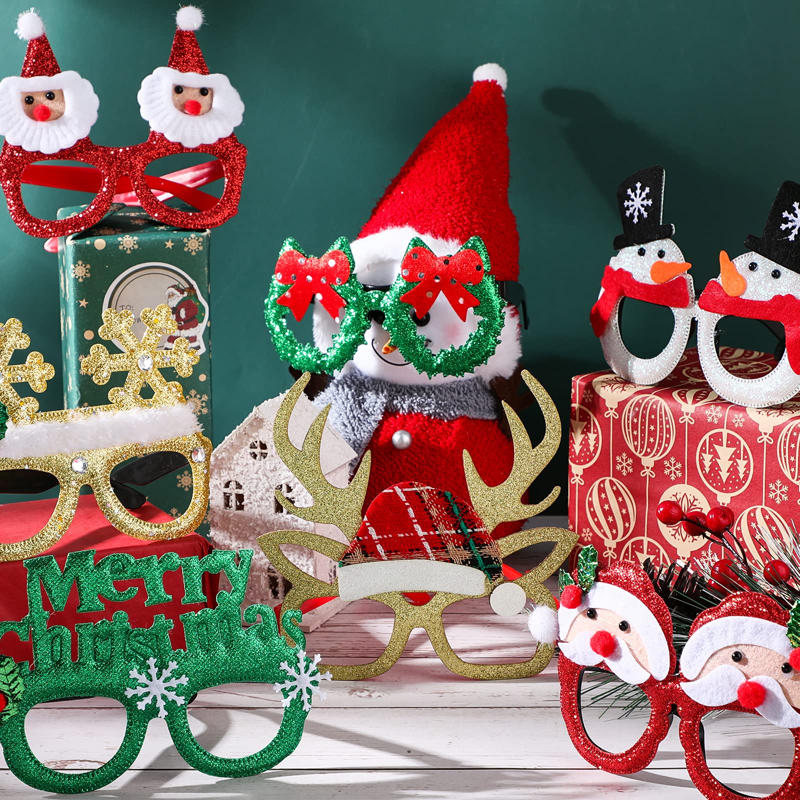 Threan 24 Pcs Christmas Glasses Frame Glitter Christmas Party Favor Novelty Holiday Eyewear Xmas Funny Photo Booth (Lovely Style