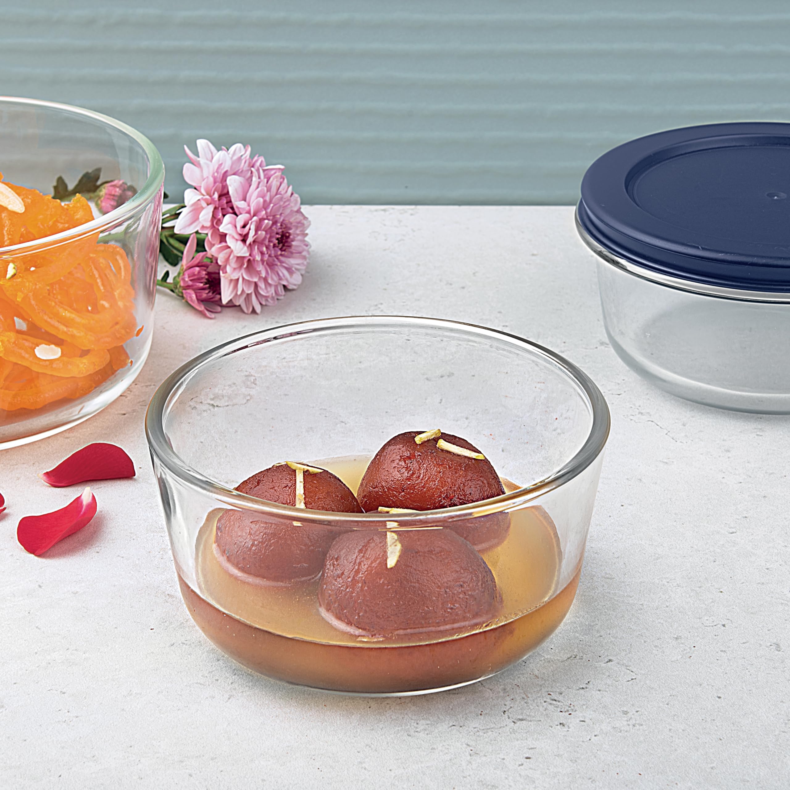 La Opala Cook Serve Store 100% Borosilicate Glass Storage Container | Simply Store With Silicon Lid | Round 475 Ml | Microwave &