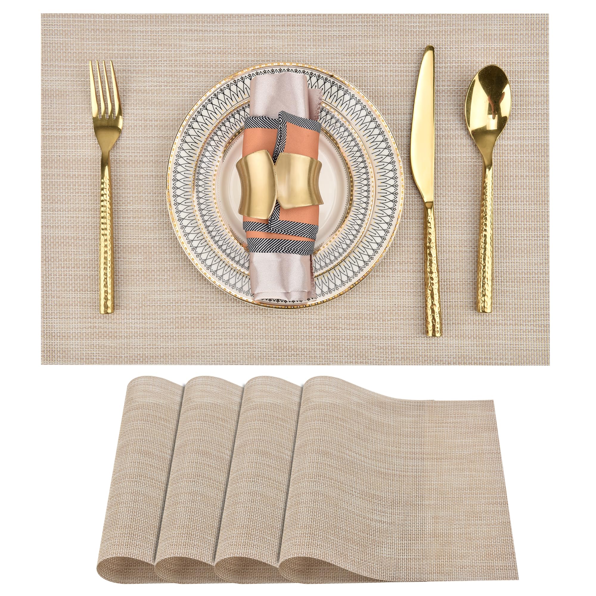 SLKQG Beige Placemats Set of 6 - Easy Clean Washable Vinyl Placemats - Wipeable Heat Resistant Table Mats for Dining Table - 17.